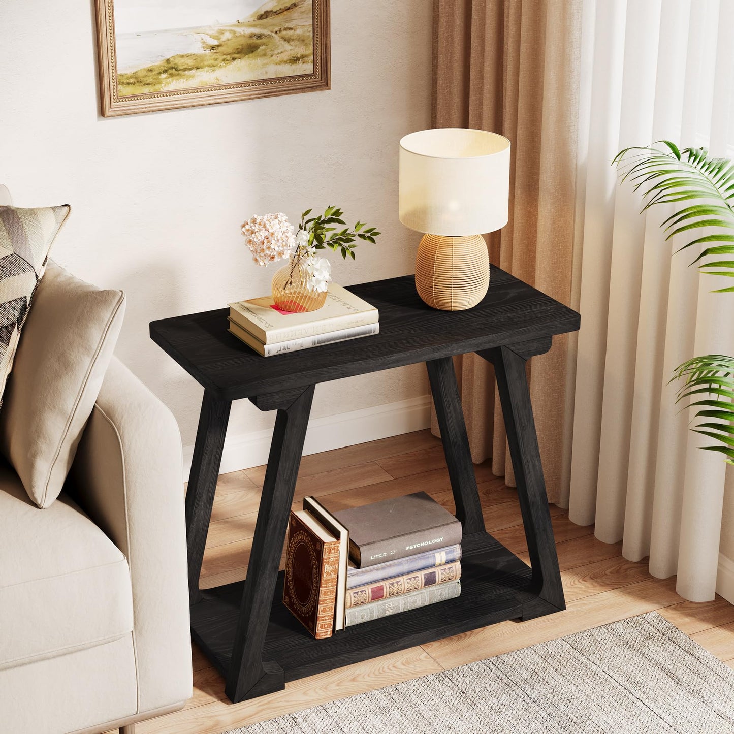 2-Tier Solid Wood End Table, Narrow Side Table, Rectangle Farmhouse Nightstand for Living Room, Bedroom, Easy Assembly, Trapezoidal Base (1, Natural Brown)