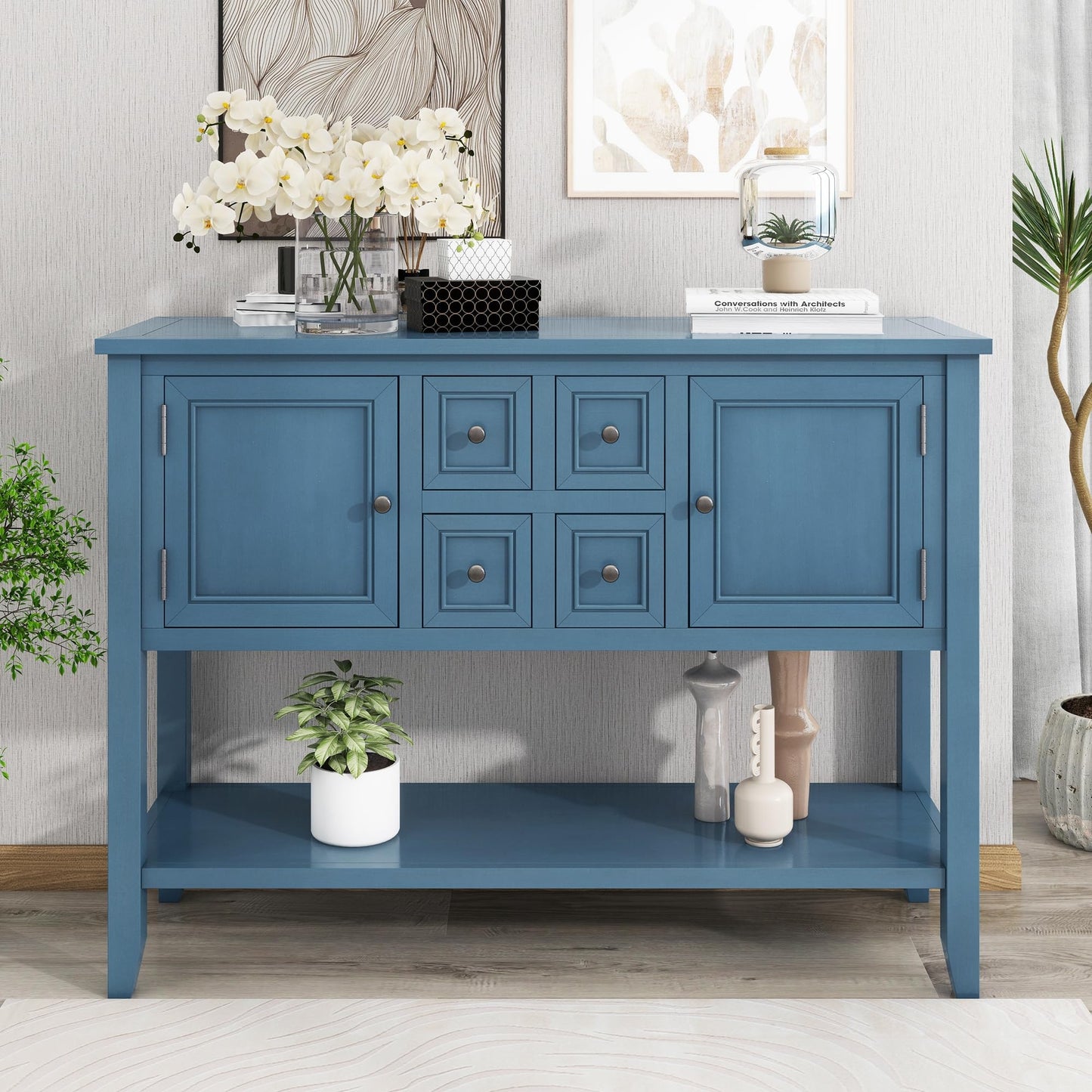 LKTART Farmhouse Sideboard Buffet Cabinet,Solid Wood Sideboard with Storage Drawers and Bottom Shelf,Coffee Bar for Entryway Hallway Foyer,Easy Assembled (46.5" Brown