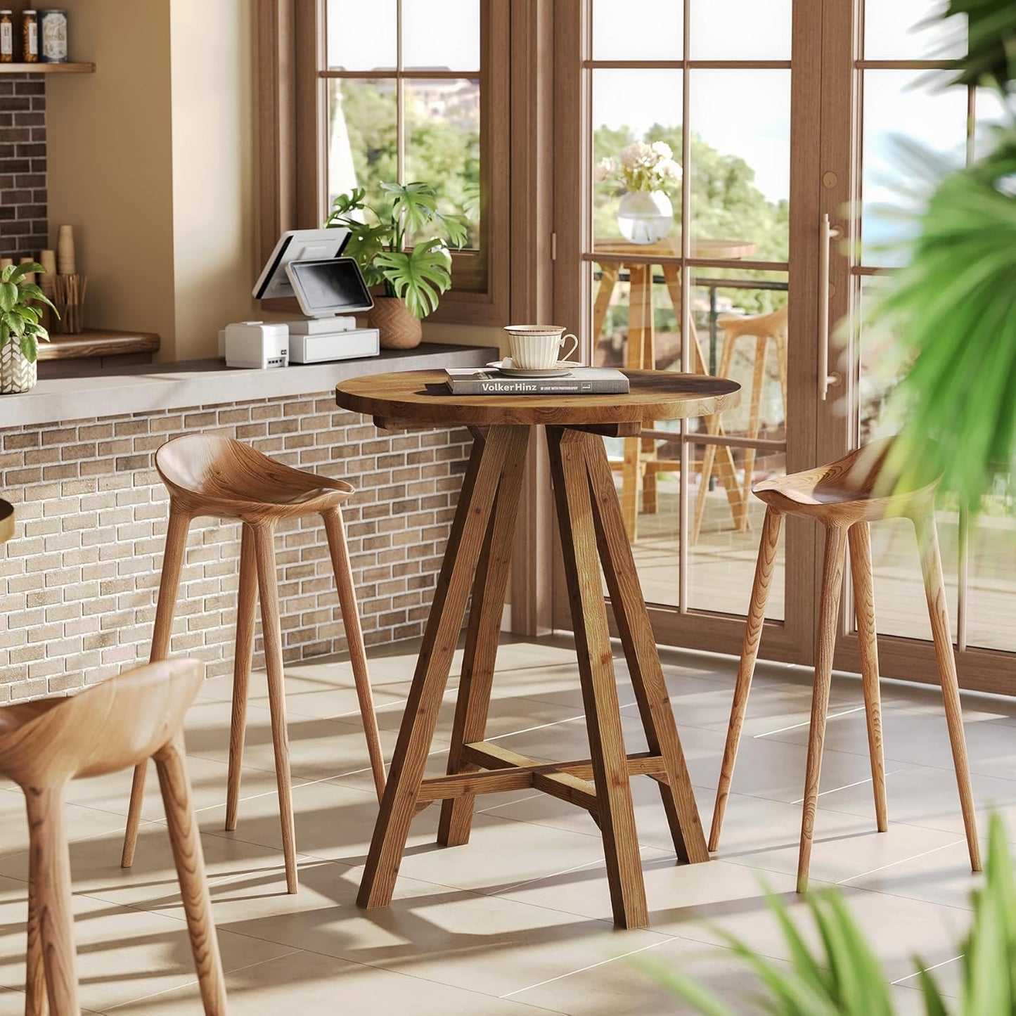 Solid Wood Bar Table, 31.5" Round Pub Bistro Table for Cafe, Dining Room, Kitchen, Living Room, Brown