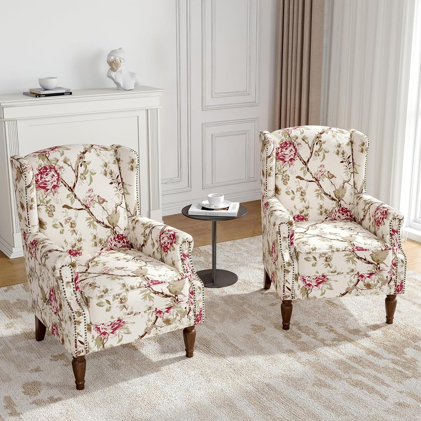 Floral Wingback Accent Chair, High Back Upholstered Armchair, Comfy Fabric Wingback Arms Chairs with Solid Wood Legs, Single Sofa Reading Chair for Bedroom Living Room, Beige