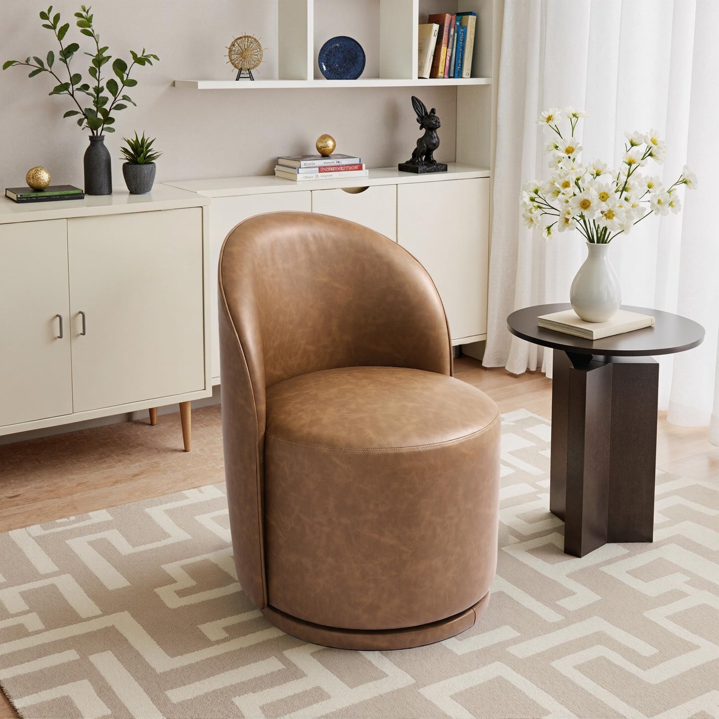 Swivel Barrel Dining Chairs Set of 2, Faux Leather Upholstered Round Dining Chairs, 360° Swivel Vanity Chair Comfy Armless Accent Makeup Chair for Dining/Living Room Makeup Room, Brown