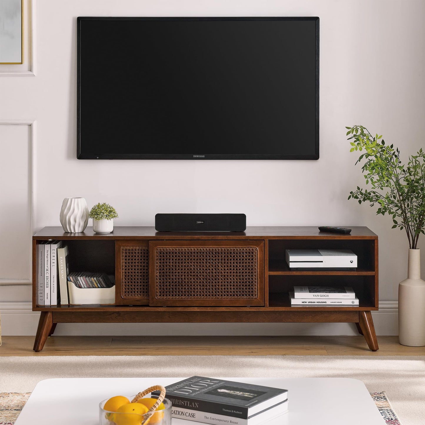 LKTART Mid Century Modern Rattan TV Stand for 65 Inch TV,59" Boho Media Console with Sliding Doors & Open Shelves,Solid Wood Legs for Living Room,Light Walnut