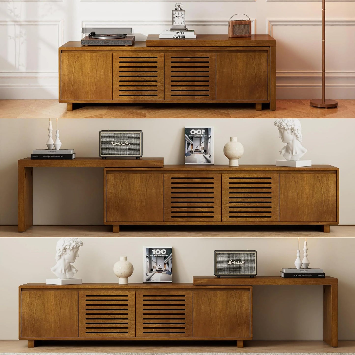 LKTART Mid Century Modern Rattan TV Stand for 65 Inch TV,59" Boho Media Console with Sliding Doors & Open Shelves,Solid Wood Legs for Living Room,Light Walnut