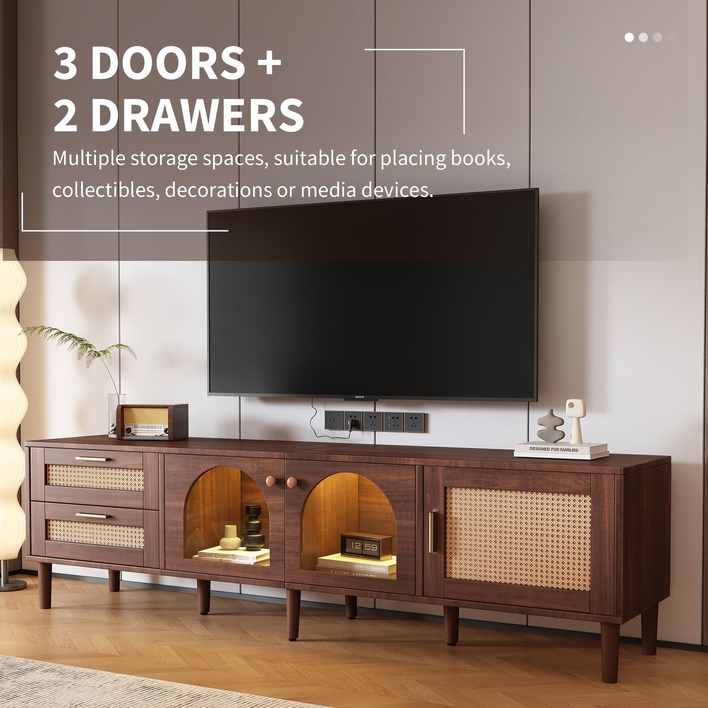 LKTART 67" Mid Century Modern TV Stand for 65/70/75/80" TVs,Entertainment Center with Sliding Doors and Drawers,Media Console for Living Room