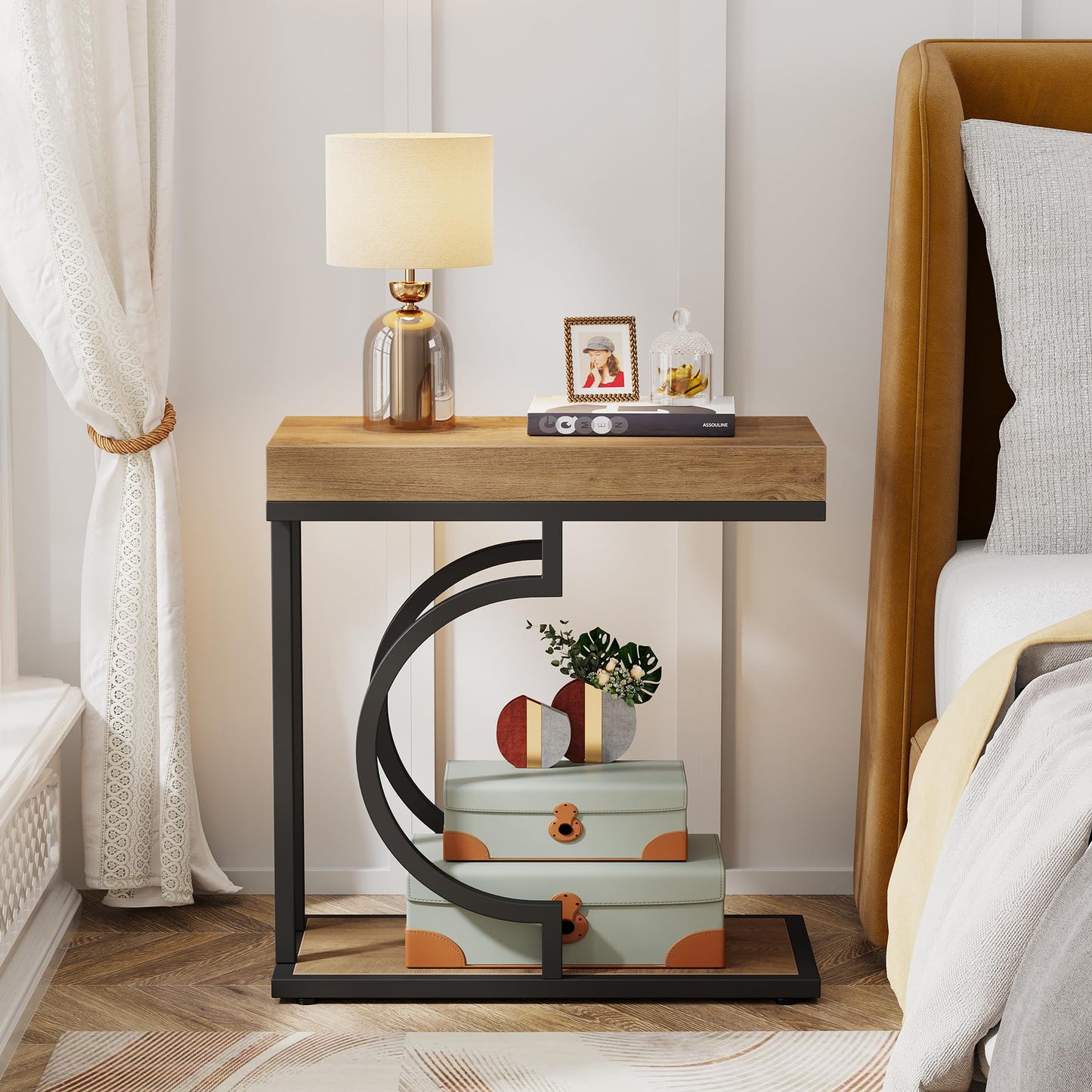 Tribesigns Narrow Side Table for Couch, C Shaped End Table with Metal Frame, Modern Bedside Tables, Small Sofa Tables for Small Spaces, Living Room (1, Brown+Black)
