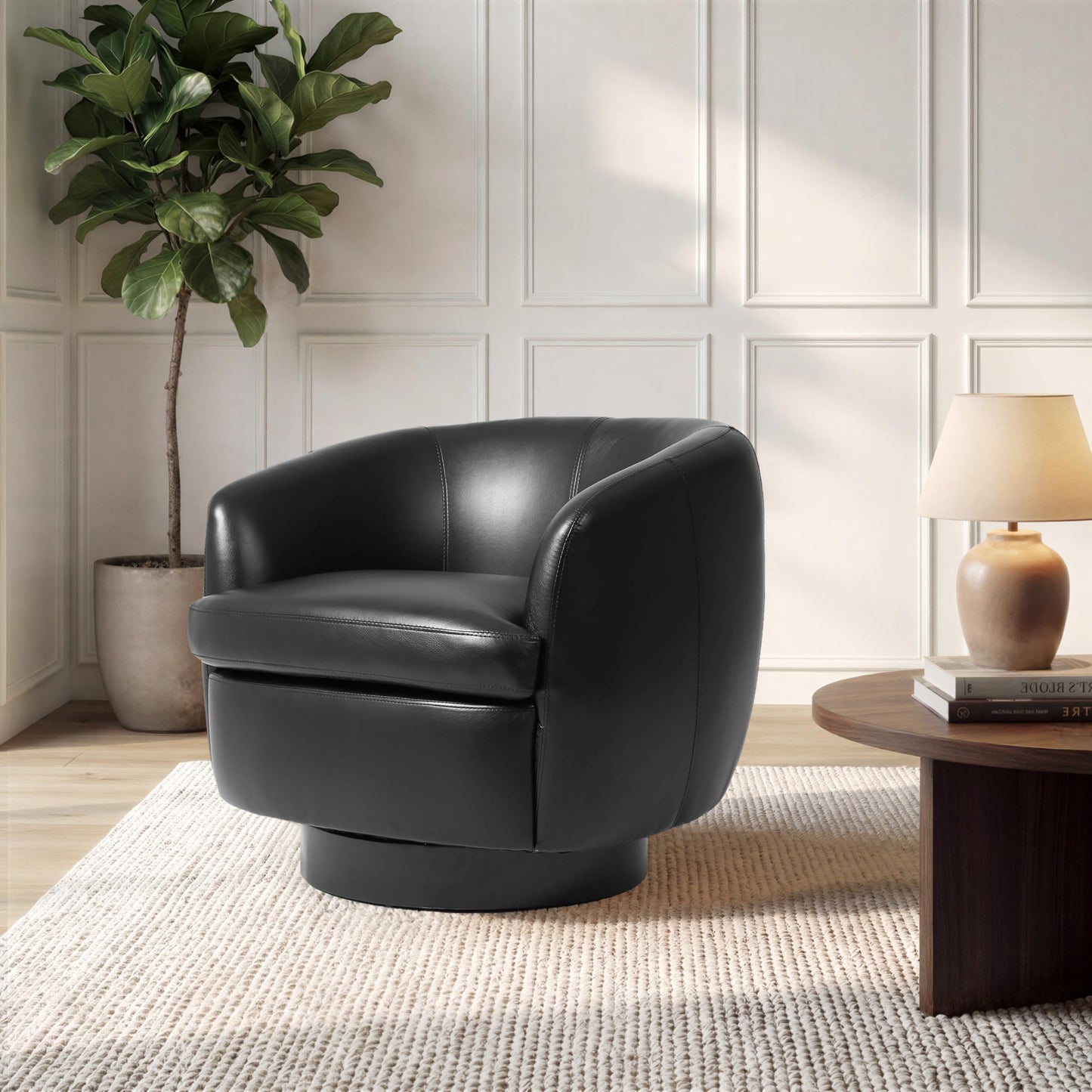 Faux Leather Swivel Barrel Chair, Modern Round Swivel Accent Chair with 360° Rotation, Upholstered Armchair Club Chair for Living Room Bedroom Office (Light Brown)