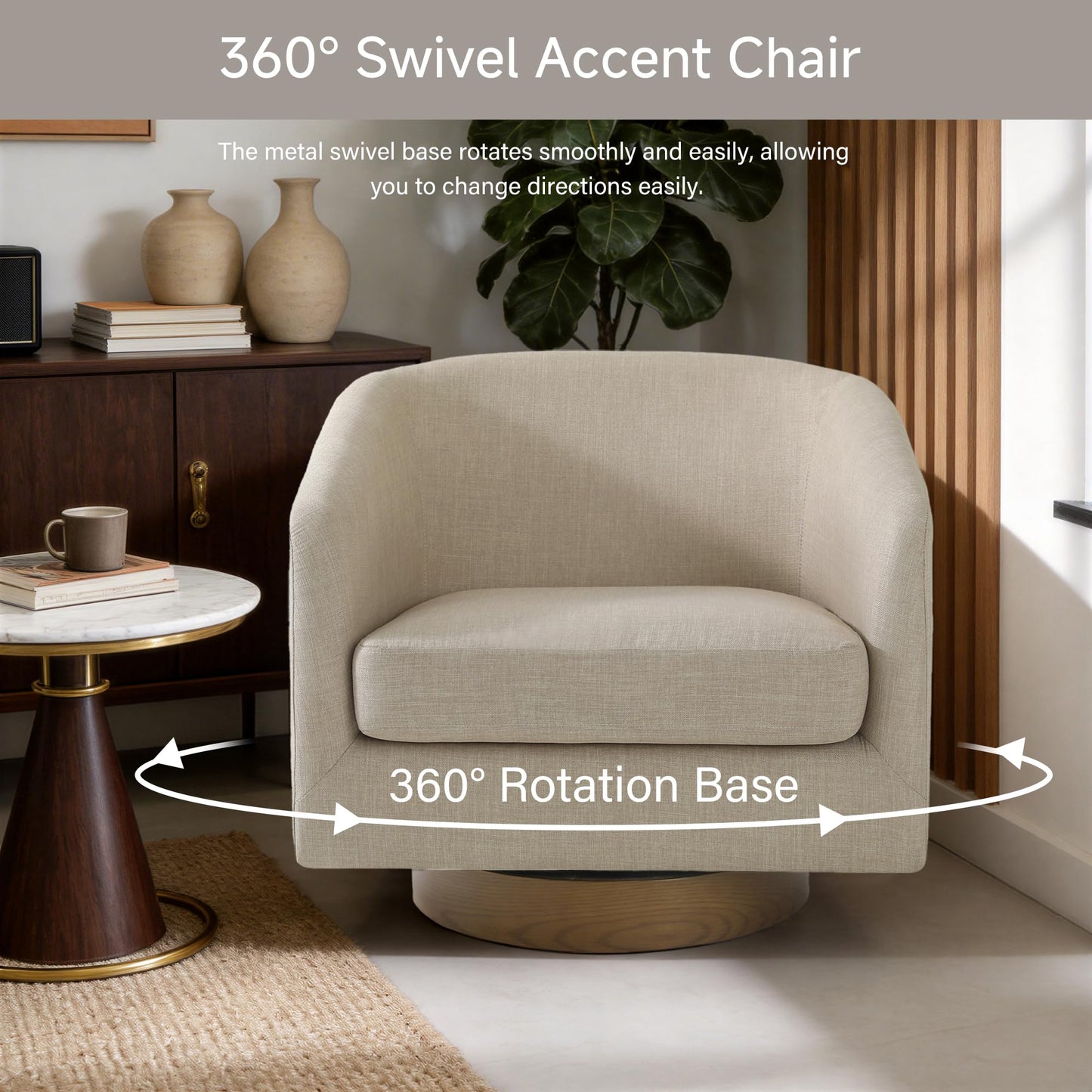 Swivel Barrel Chairs Set of 2, 31" W Modern Faux Leather Round Swivel Accent Chair for Living Room, 360° Rotation Upholstered Armchair Club Chair for Bedroom, Reading Room, Office (Brown)