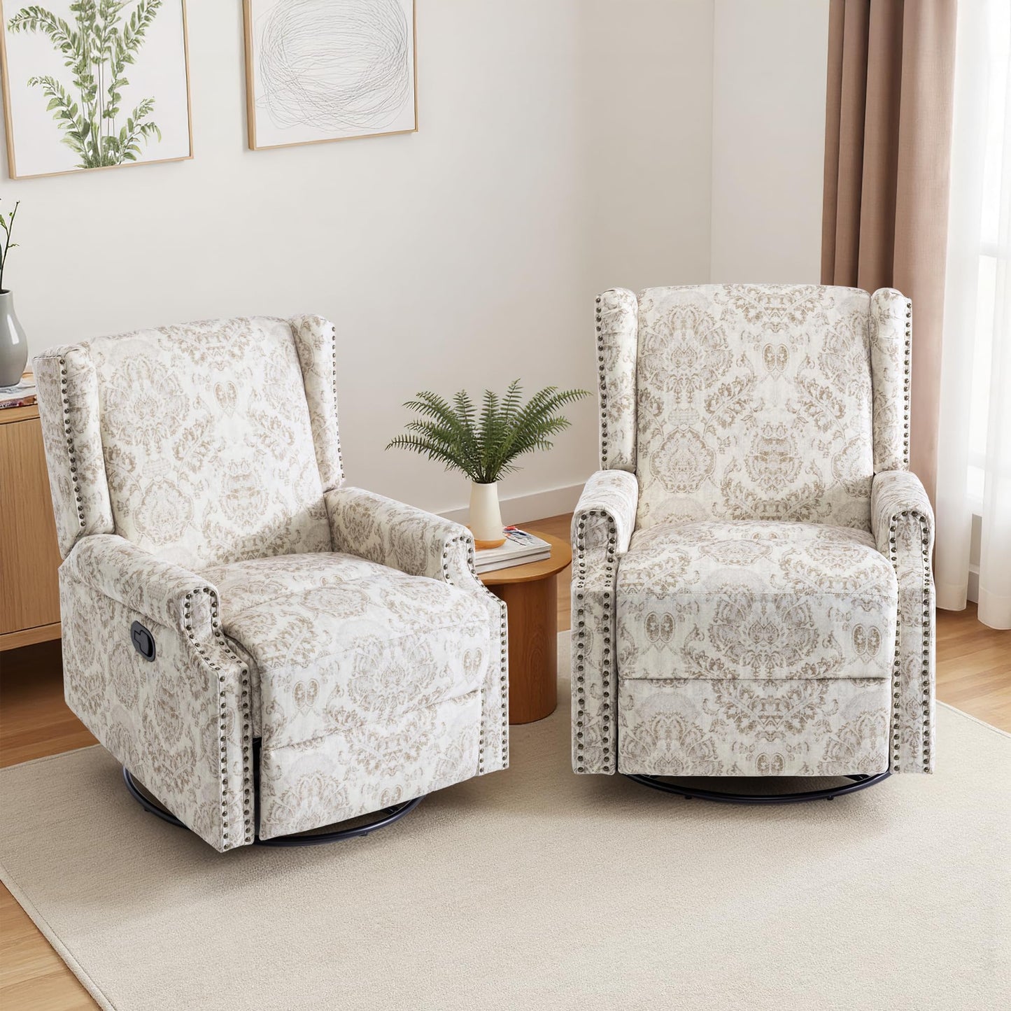 Swivel Rocker Recliner Chair, 360° Swivel Wingback Recliner Chairs for Adults, Upholstered Printed Fabric Glider Rocking Chair with High Back, Deep Seat for Living Romm Bedroom, Bird