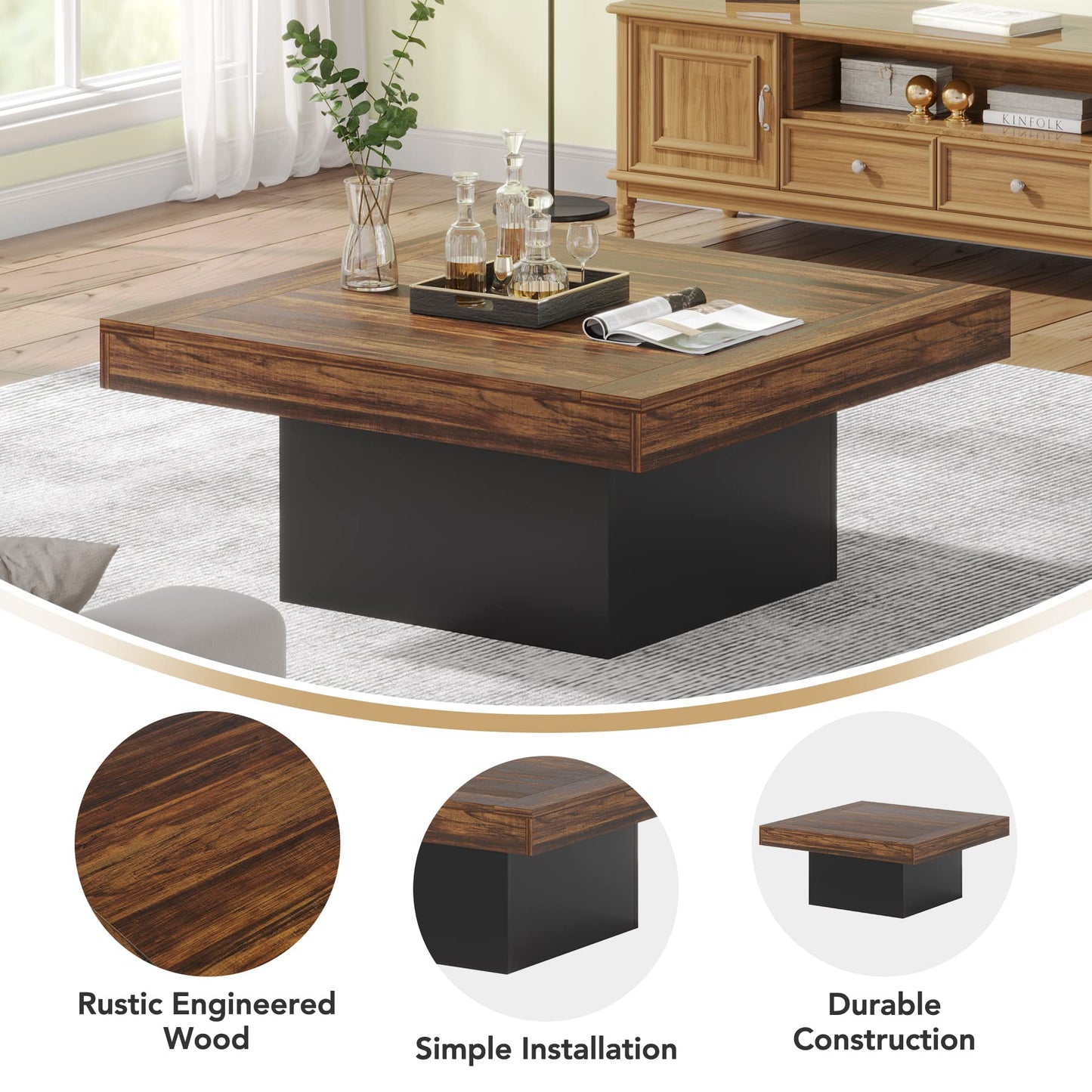 Tribesigns 35.4-Inch Square Coffee Table with LED Light, Modern Wood Coffee Table, Large Center Table for Living Room, Rustic Brown & Black
