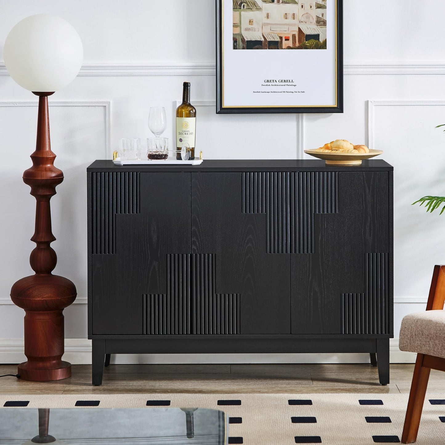 LKTART 40" Sideboard Buffet Accent Storage Cabinet with Carved Pattern Side Board Solid Wood Frame for Kitchen, Living Room, Entryway,Hallway (Blue+Brown)