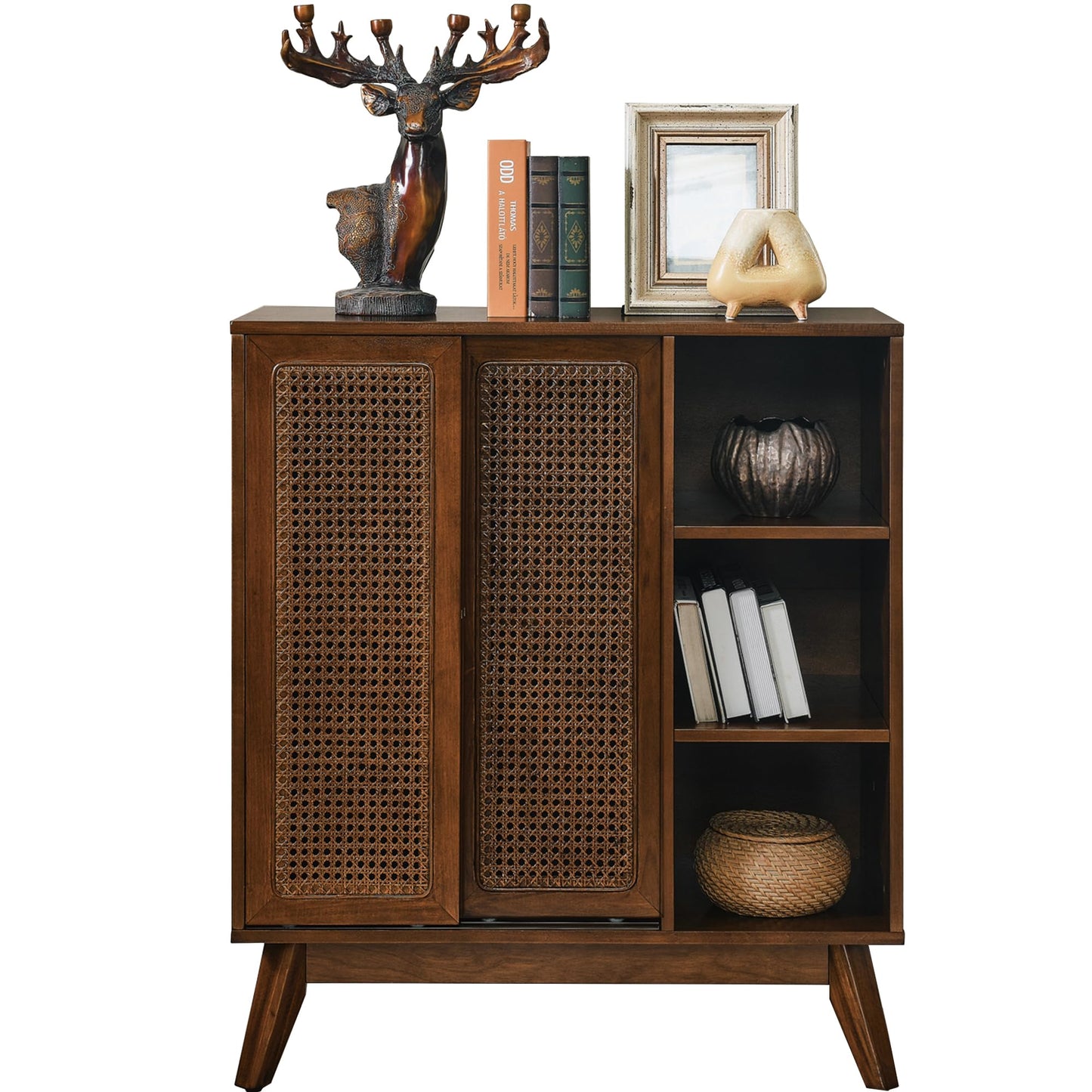 LKTART Mid Century Modern Storage Cabinet with Rattan Sliding Doors and Open Shelves, Boho Style Wooden Sideboard Buffet for Living Room,Dark Walnut