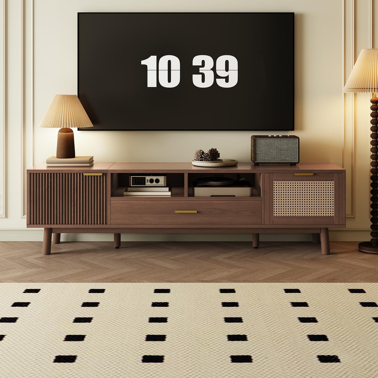 LKTART 67" Mid Century Modern TV Stand for 65/70/75/80" TVs,Entertainment Center with Sliding Doors and Drawers,Media Console for Living Room