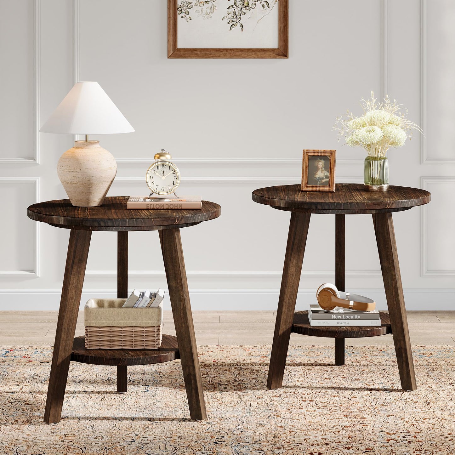 Solid Wood Round End Table, Sofa Side Table with Storage Shelf, Farmhouse Nightstand for Living Room, Bedroom, Easy Assembly (Dark Brown, 1 PC)