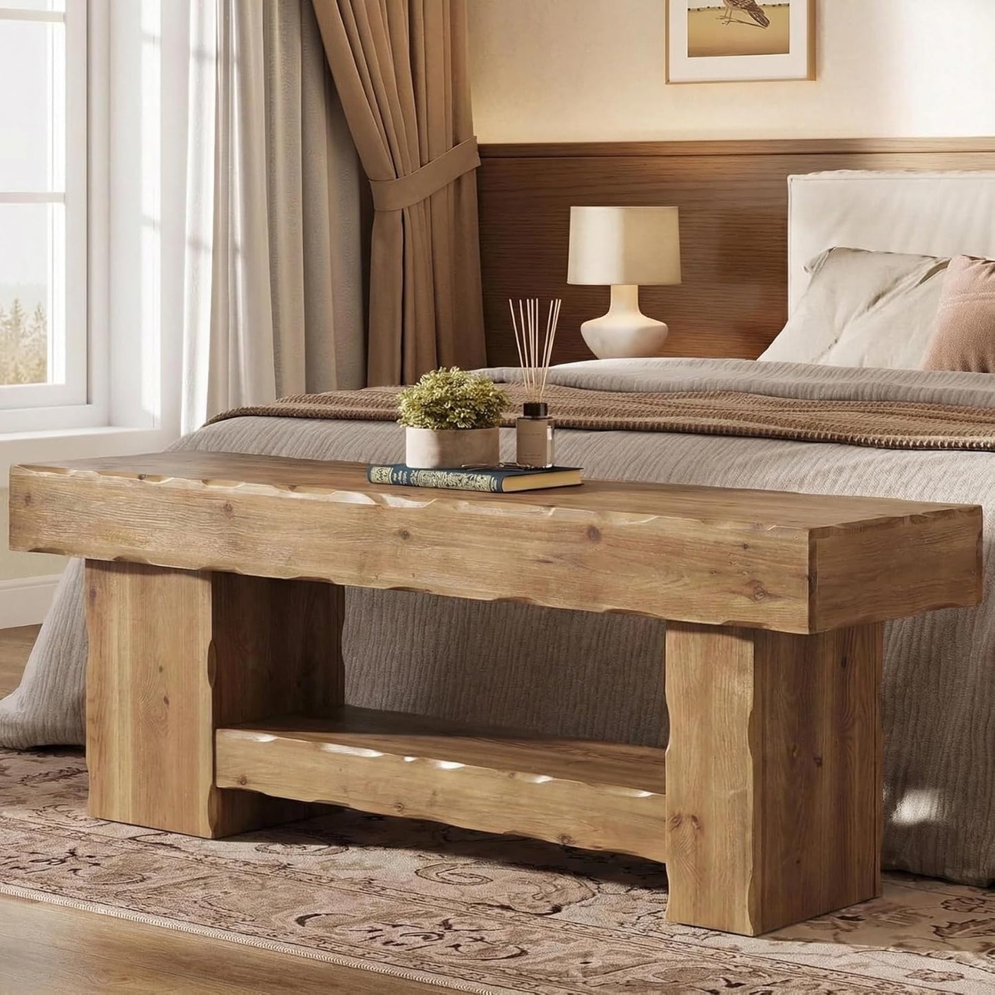 63" Solid Wood Dining Bench, Farmhouse Kitchen Table Bench with Storage Shelf, Kitchen & Living Room Furniture, Easy to Assemble, Sturdy and Stable, Rustic Brown