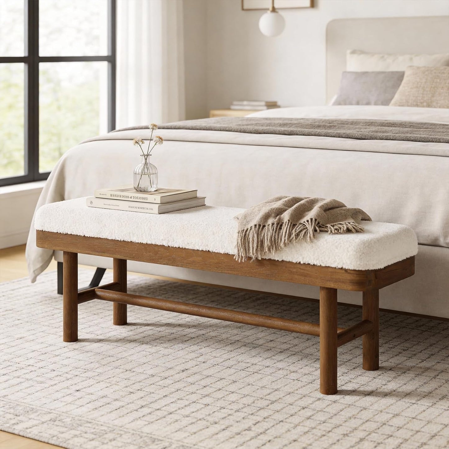 55" Upholstered Bedroom Bench, Solid Wood End of Bed Bench, Modern Indoor Bench with Cushion for Bedroom, Living Room, White & Brown