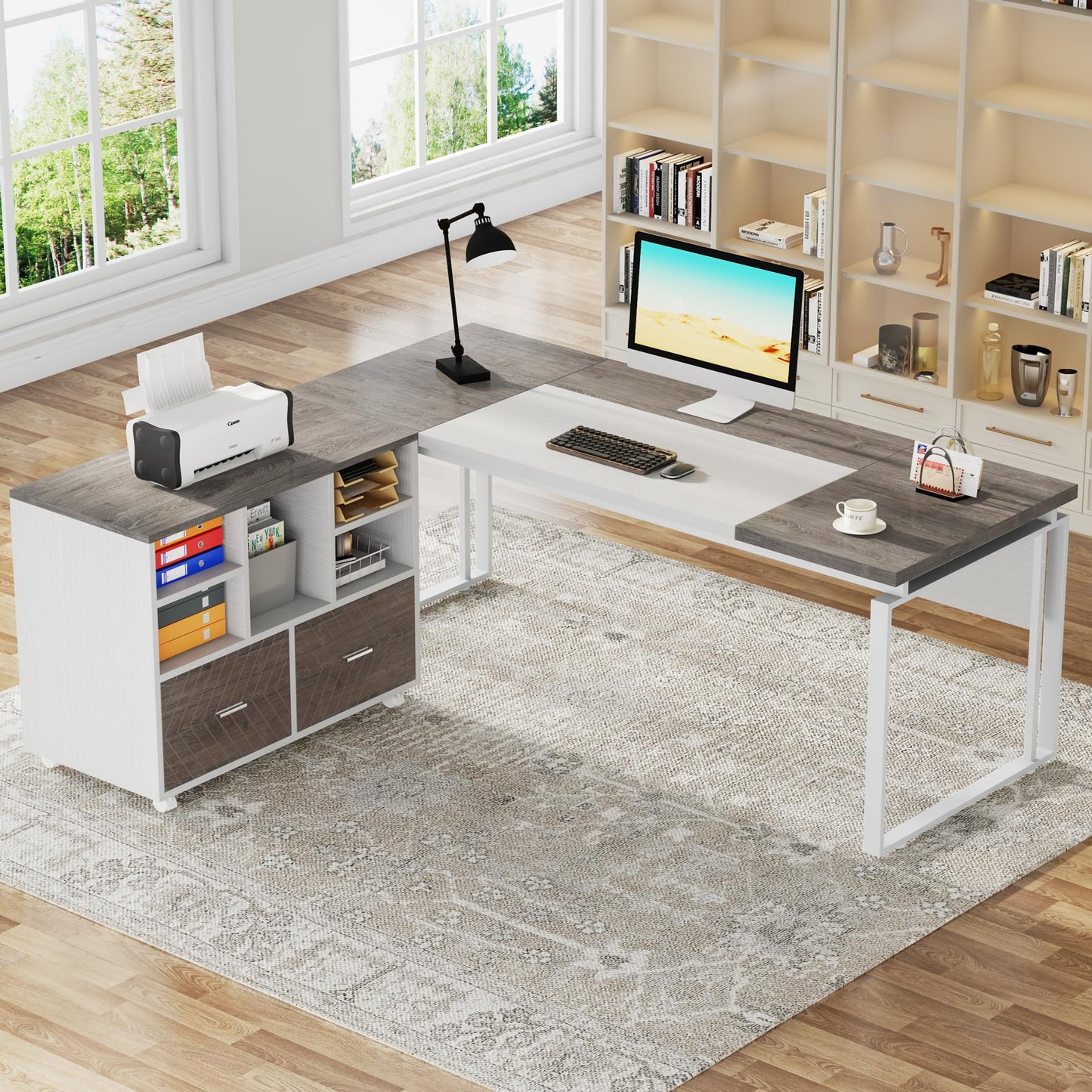 Tribesigns 2-Drawer Wood File Cabinet, Mobile Lateral Filing Cabinet for Hanging Letter Size Files, Printer Stand with Open Storage Shelves for Home Office (Oak Karo & White)