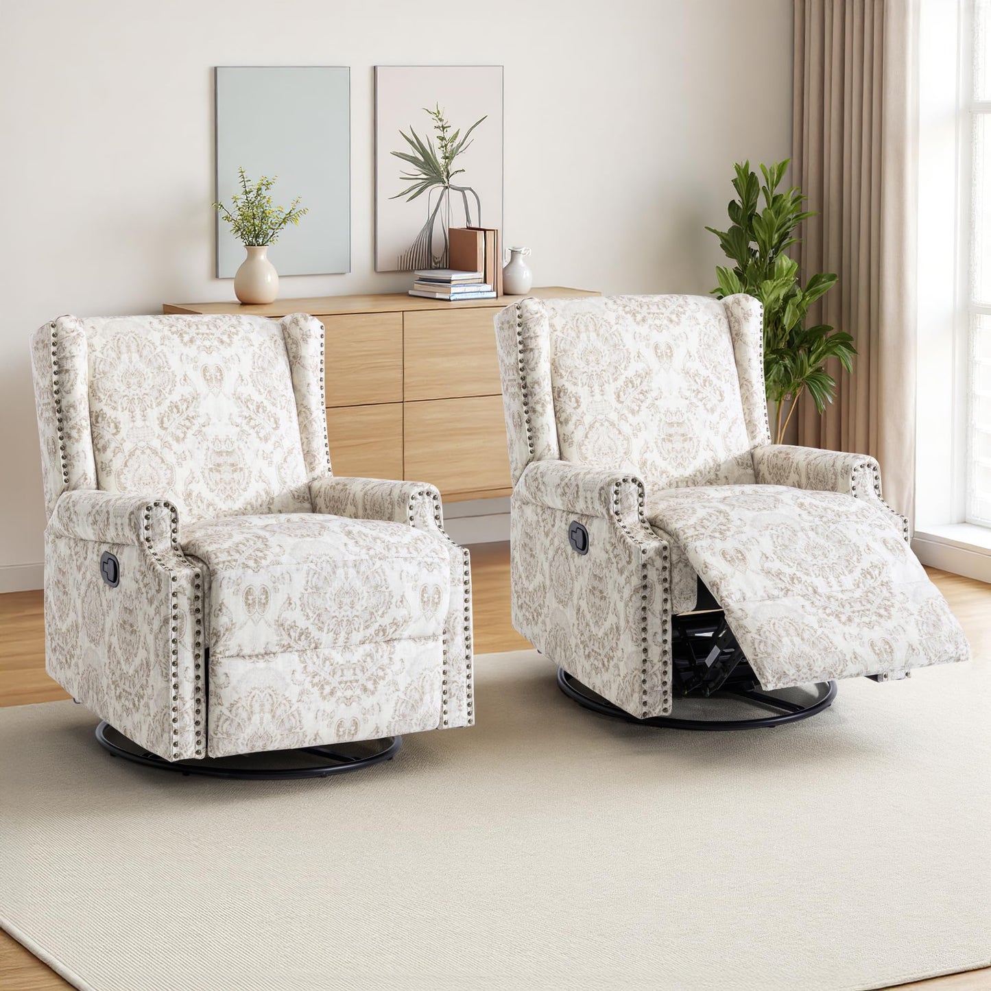 Swivel Rocker Recliner Chair, 360° Swivel Wingback Recliner Chairs for Adults, Upholstered Printed Fabric Glider Rocking Chair with High Back, Deep Seat for Living Romm Bedroom, Bird