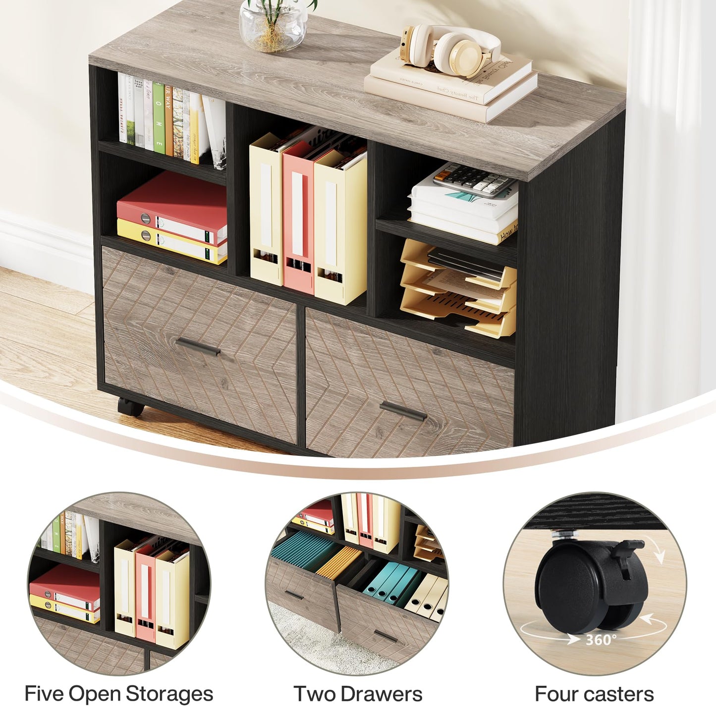 Tribesigns 2-Drawer Wood File Cabinet, Mobile Lateral Filing Cabinet for Hanging Letter Size Files, Printer Stand with Open Storage Shelves for Home Office (Oak Karo & White)