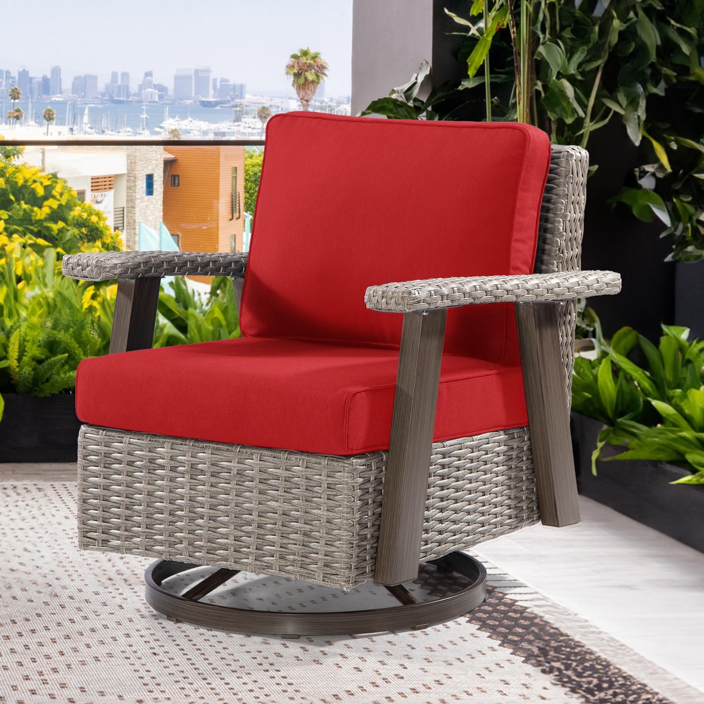 Joyside Patio Chair - Outdoor 360 Degree Swivel Rocker Chair with Durable Fabric Cushion and Ergonomic Structure, Patio Wicker Dining Chair(Grey/Dark Blue)