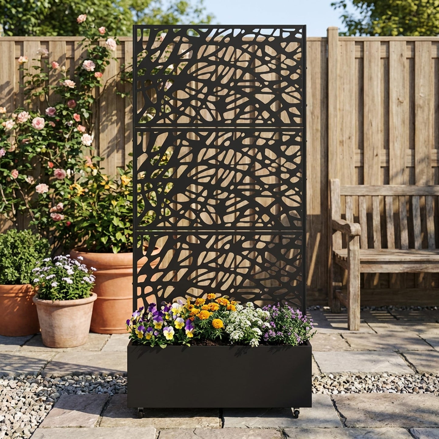 Metal Raised Garden Bed with Trellis and Wheels, 71"x47"x16" Planter Box with Privacy Screen & Drainage Holes, Arched Outdoor Garden Bed for Climbing Plants, Vegetables, Flowers (Black-Square)
