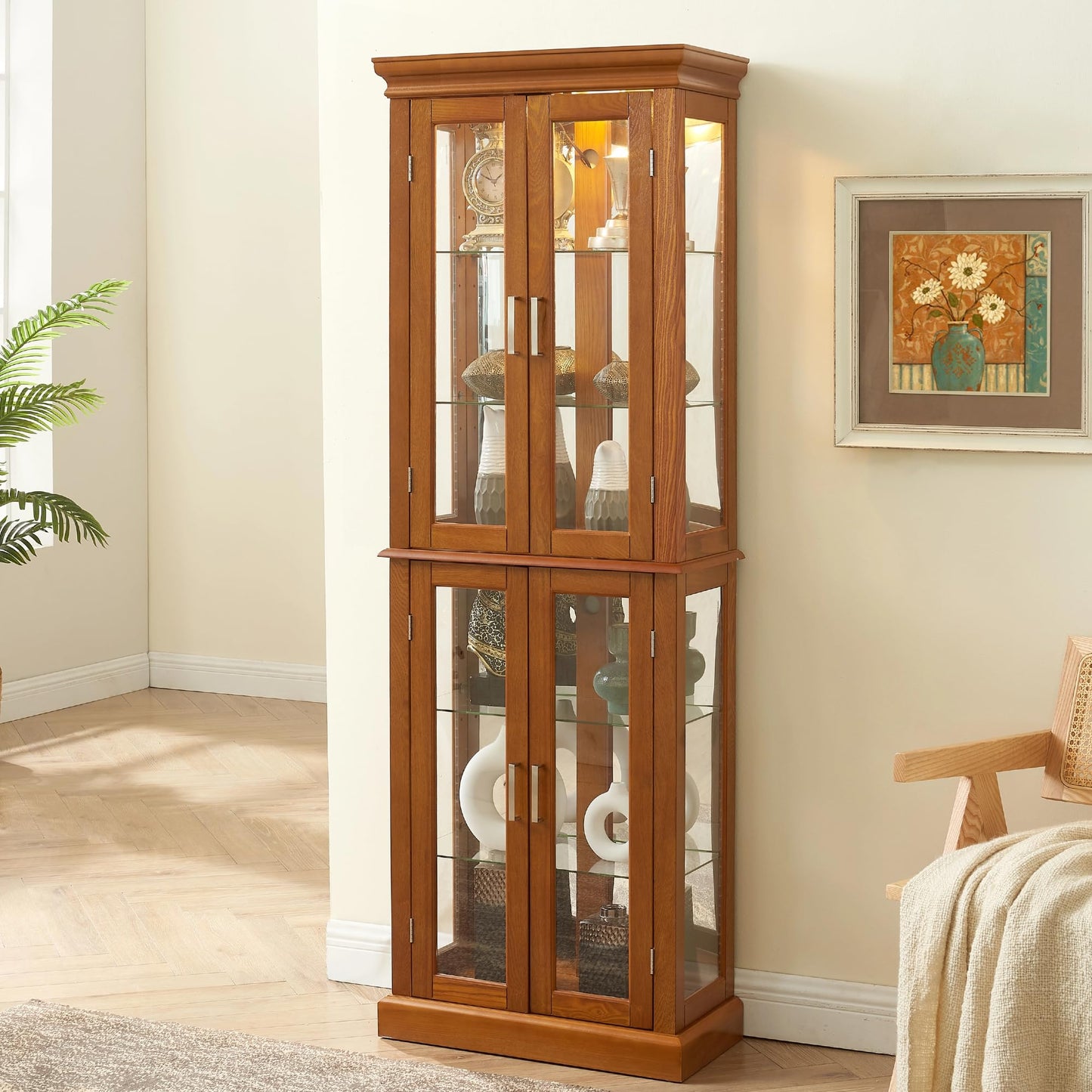 LKTART Curio Glass Display Cabinet with Lighted and Mirrored Back Panel,China Cabinets with Glass Doors,Tall Storage Cabinets with Adjustable Shelves for Curio Collectibles Storage(Cherry)