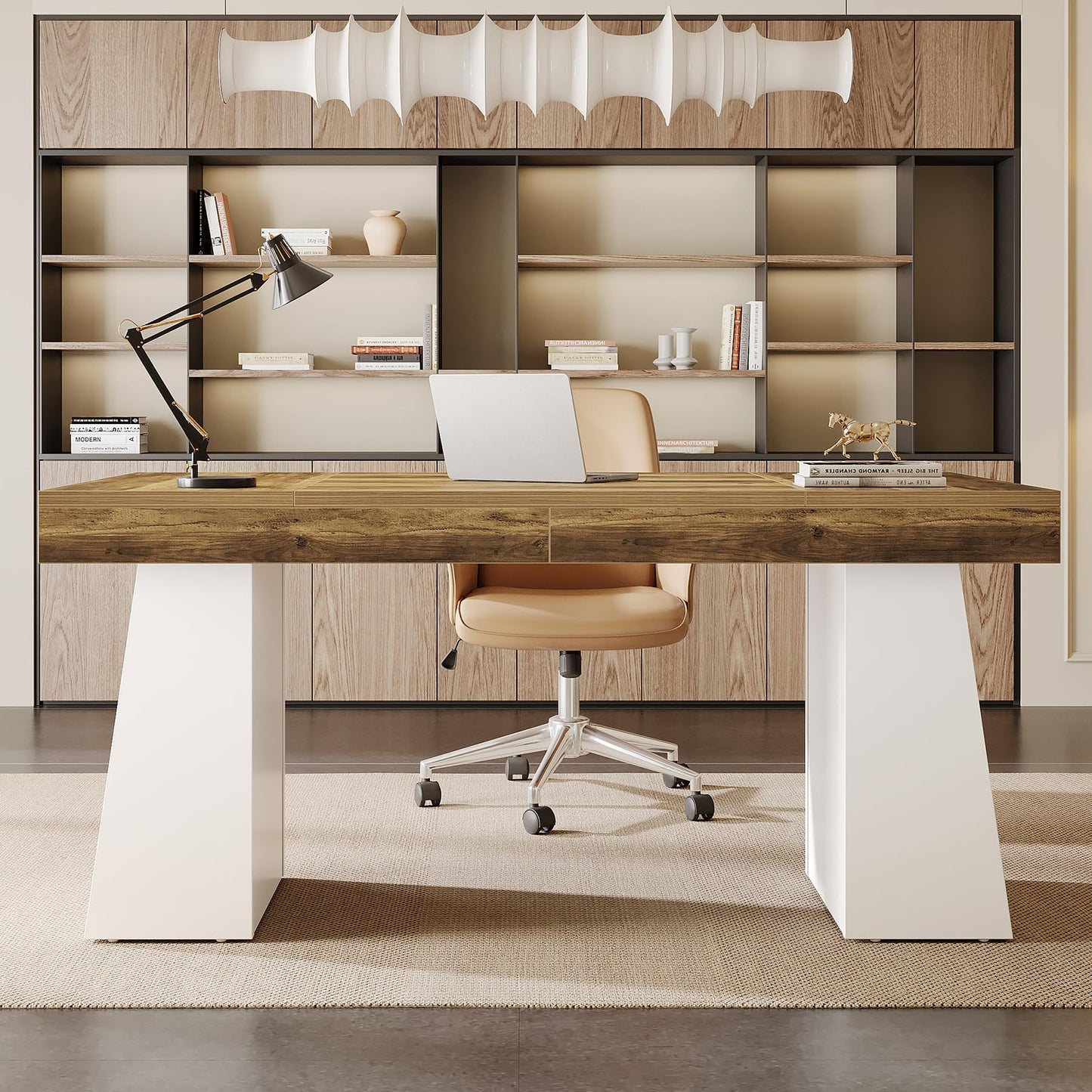 Tribesigns 55 Inches Executive Desk, Mid-Century Modern Home Office Desk, Wood MDF Computer Table Business Workstation Small Conference Table, Light Brown