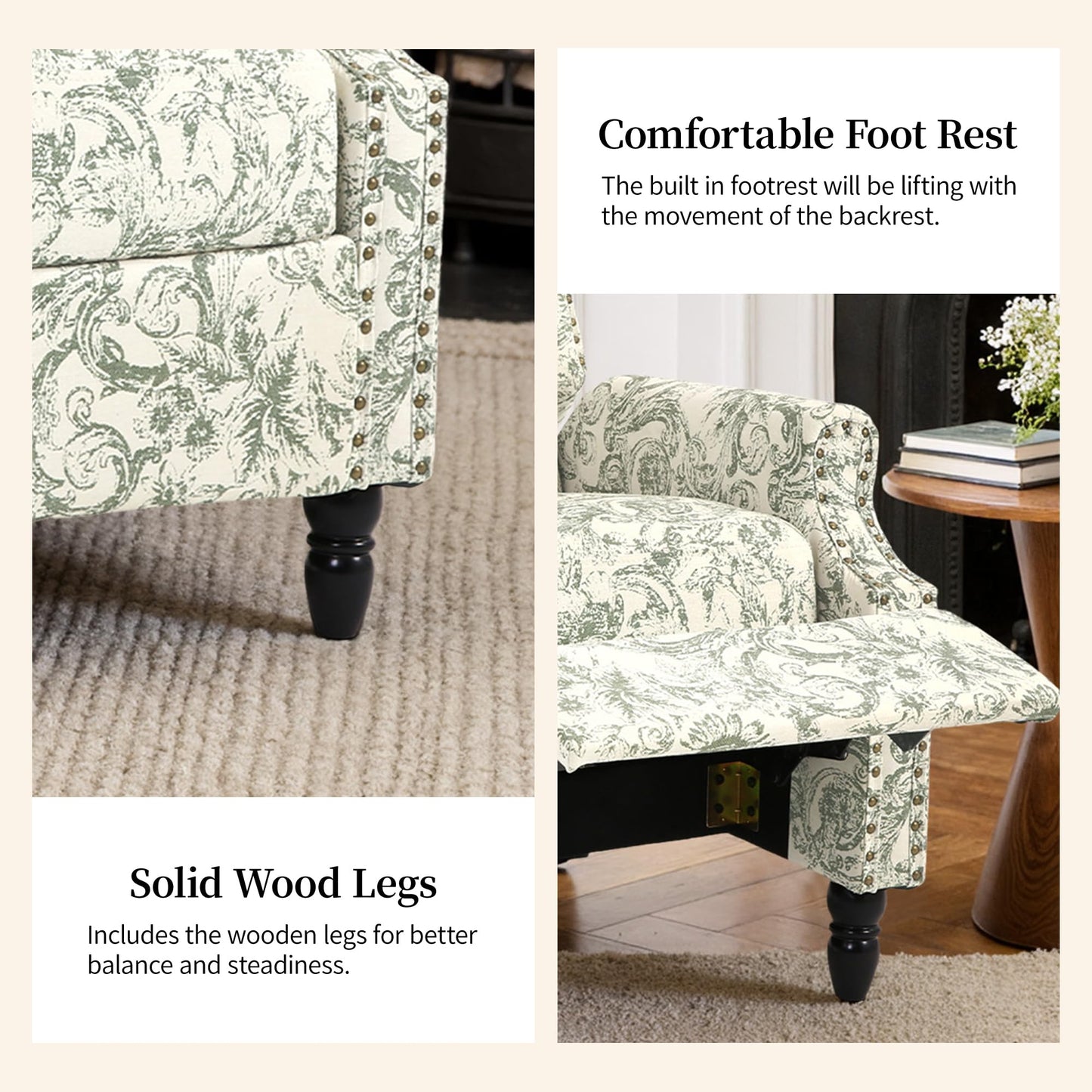 Pushback Recliner Chair, Printed Fabric Wingback Recliner Chair for Living Room, Upholstered Armchair Push Back Recliner with Wood Legs, Rivet Trim Wingback Accent Chair for Bedroom, Navy