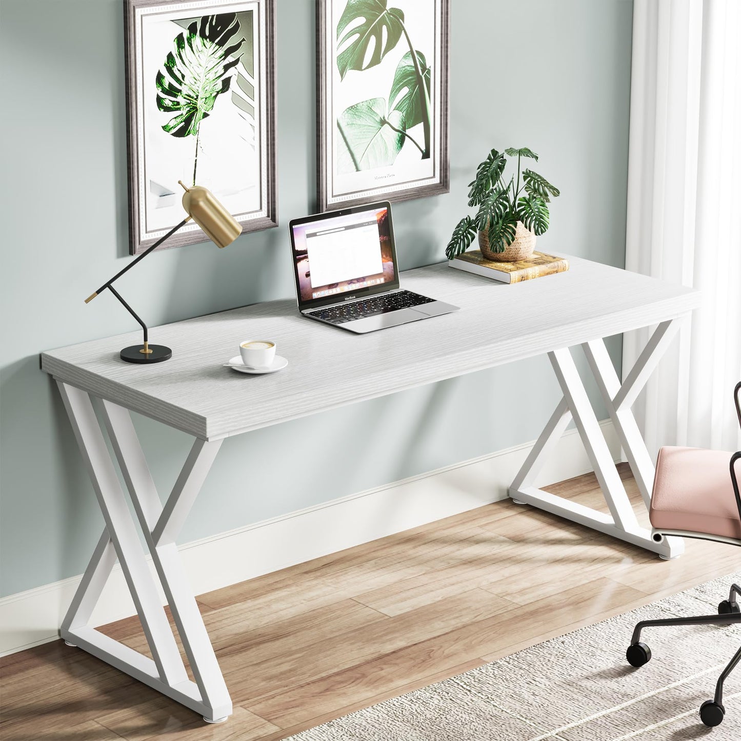 Tribesigns Modern Walnut/White 55" Heavy Duty Computer Desk, Study & Work Desk, 23.6"D x 55.1"W x 29.5"H, Z-Shaped Metal Legs, 330 lbs Capacity