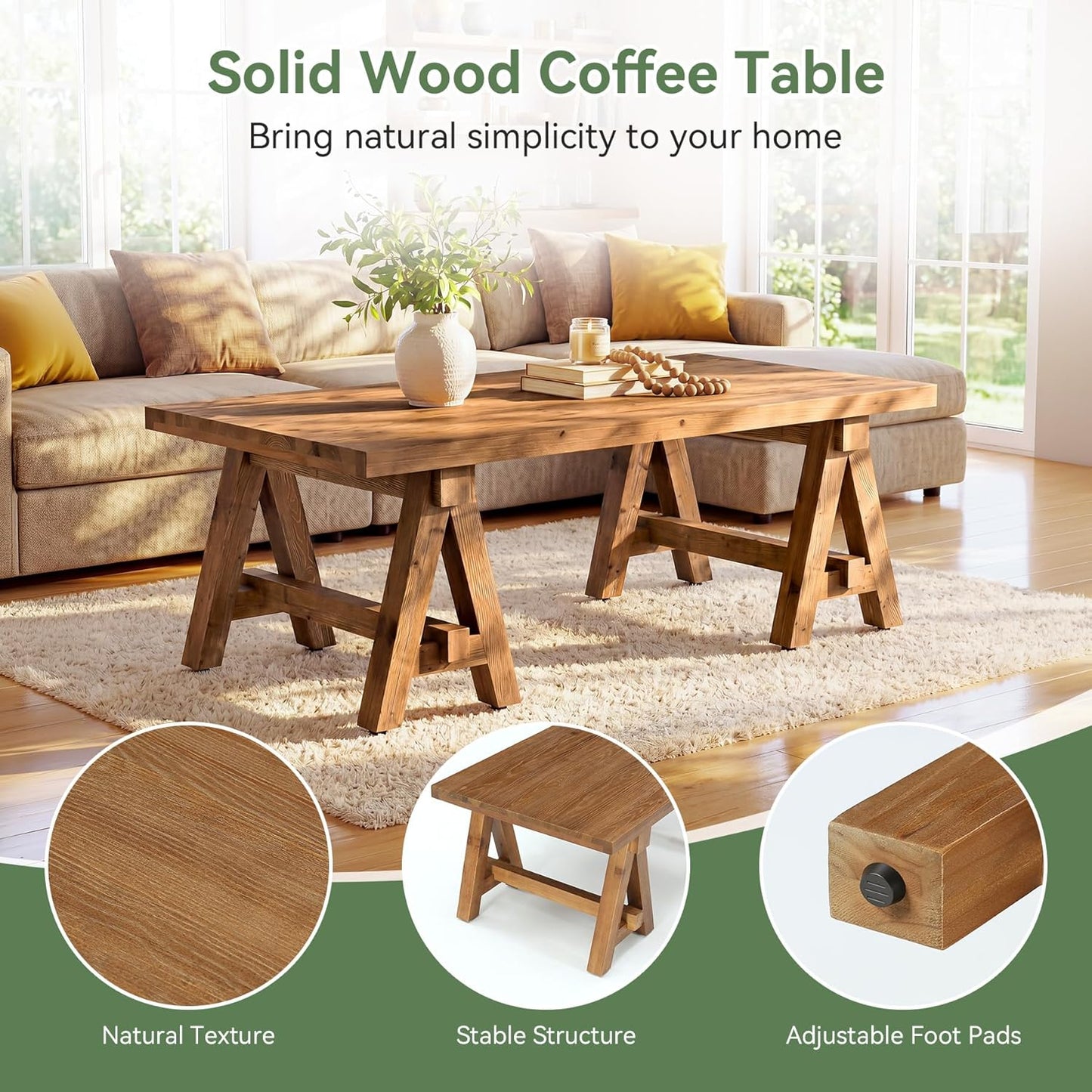 Solid Wood Coffee Table, 47" Rustic Farmhouse Center Table, Natural Wood Rectangular Coffee Tea Accent Furniture with Trestle Base & Spacious Tabletop for Living Room, Lounge, Home Office