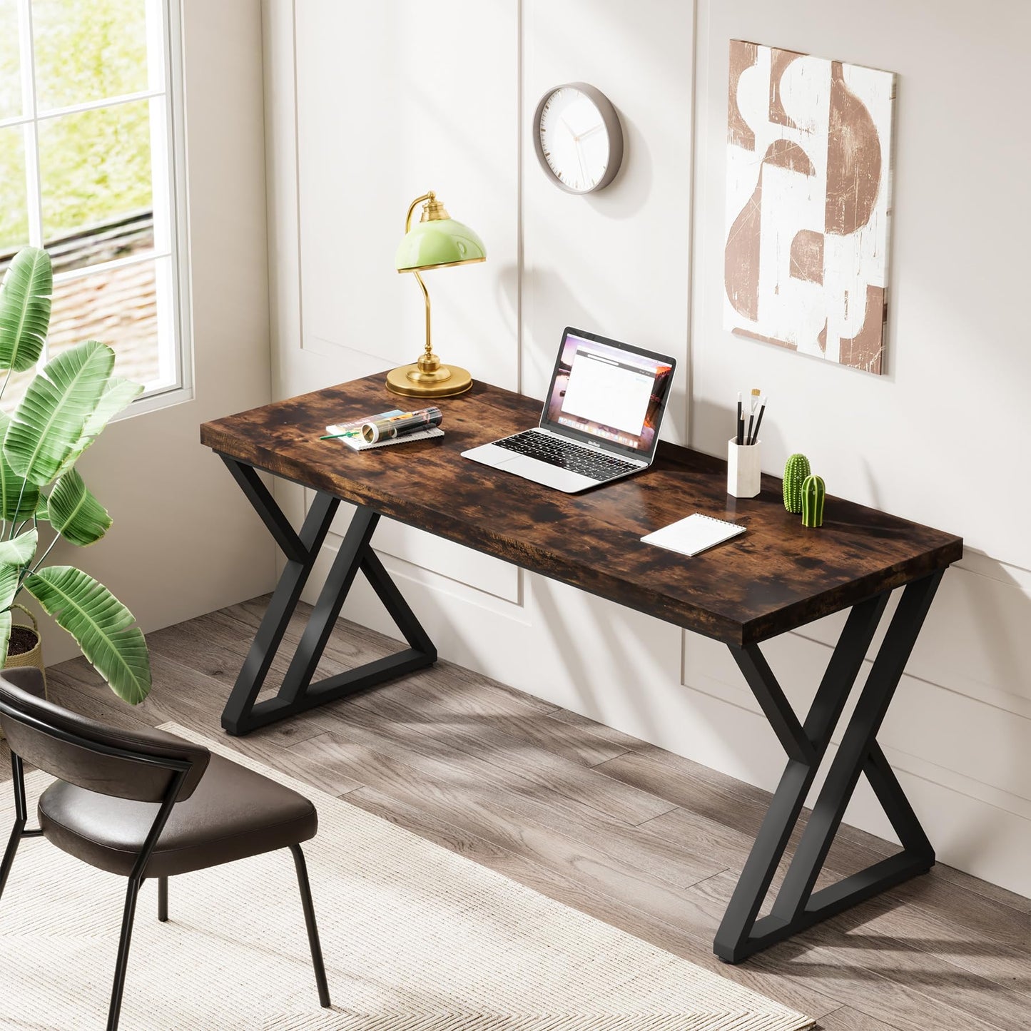 Tribesigns Modern Walnut/White 55" Heavy Duty Computer Desk, Study & Work Desk, 23.6"D x 55.1"W x 29.5"H, Z-Shaped Metal Legs, 330 lbs Capacity