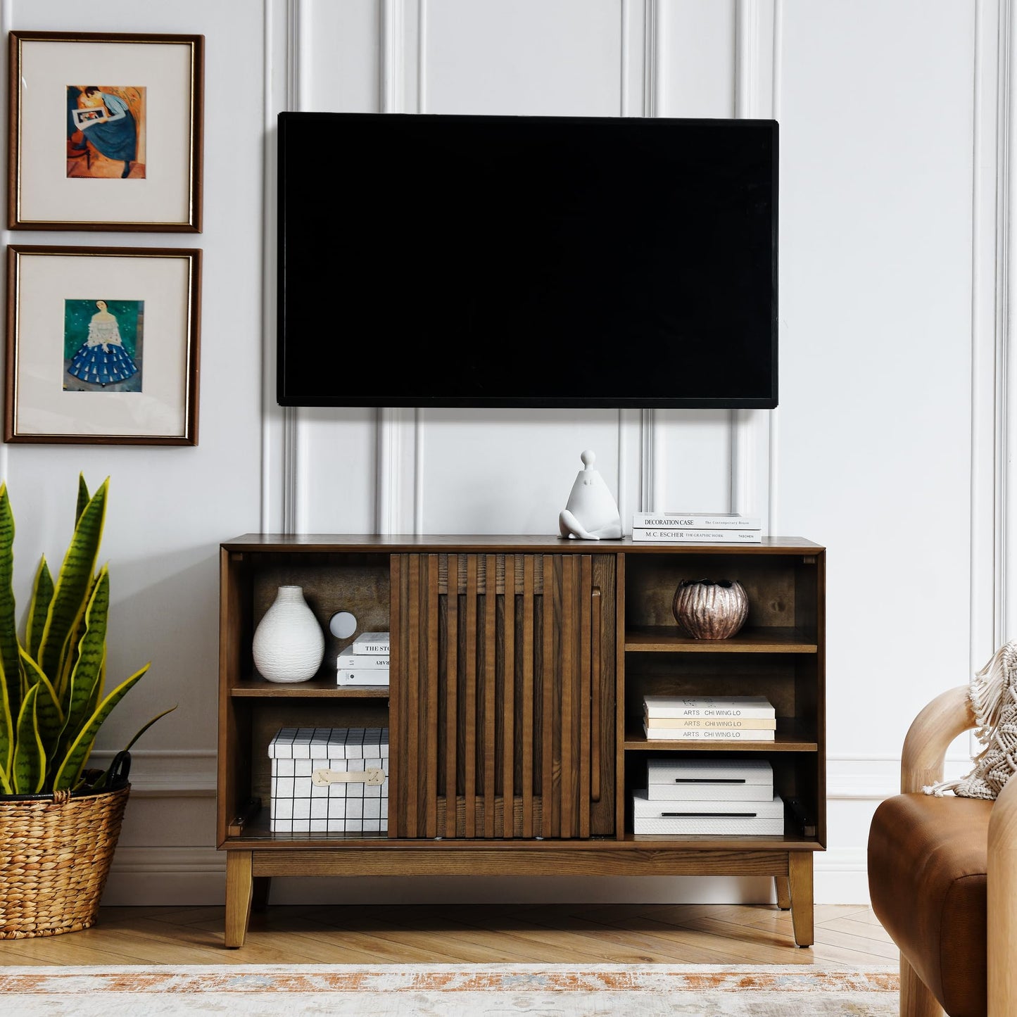LKTART 63" Rattan Sideboard Buffet Cabinet,Kitchen Storage Cabinet,Wood Coffee Bars with 4 Doors & Open Storage Shelves,Mid Century Modern Credenza Console Table for Living Room,Walnut