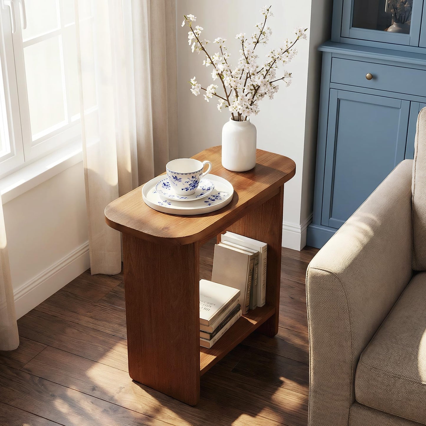 Genuine Solid Wood Side Table Set of 2, H-Shaped 2-Tier End Table with Storage Shelf, Farmhouse Narrow Nightstand for Living Room, Bedroom, Couch & Armchair (2 Products)