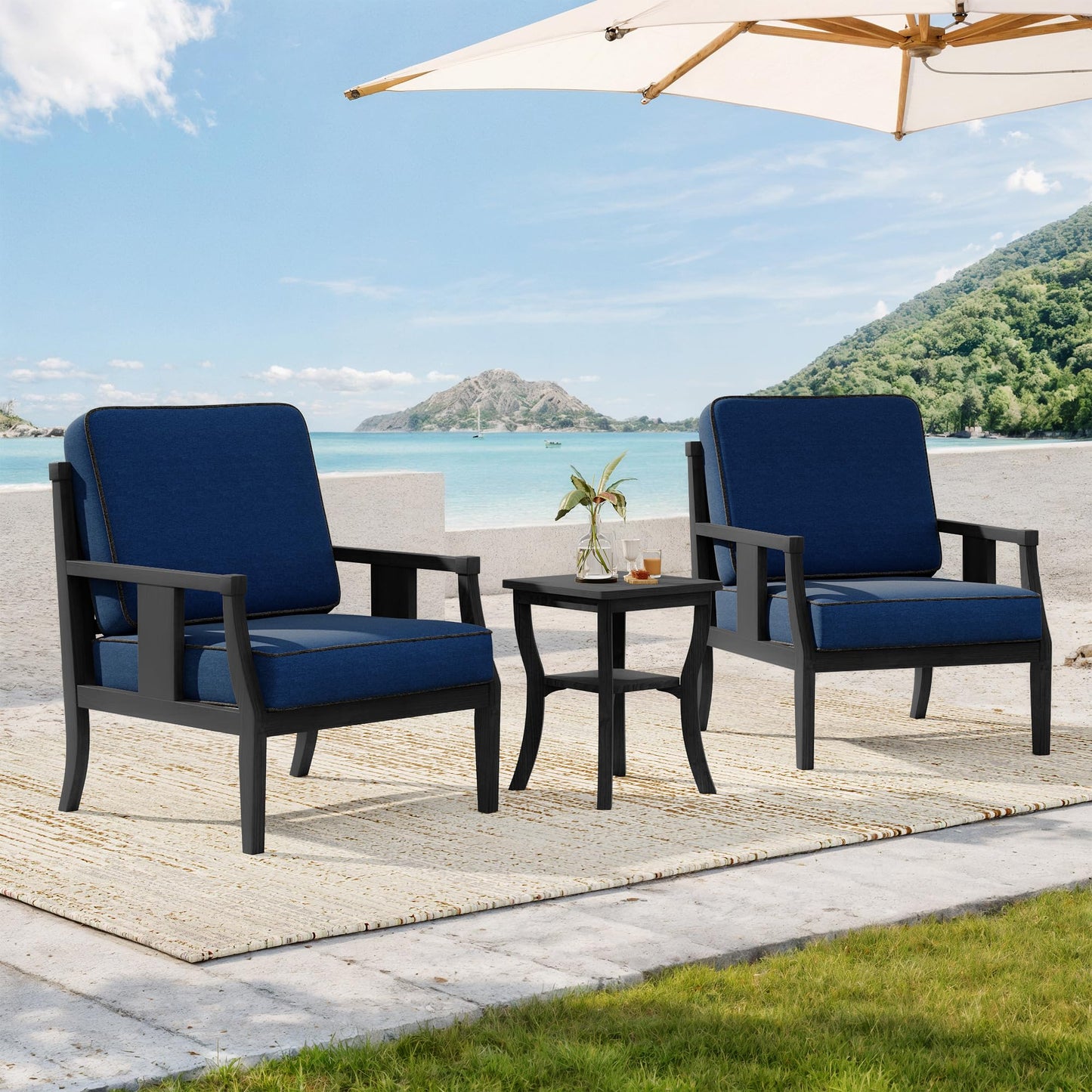 Outdoor Patio Armchairs Set of 2, All-Weather Solid Wood Patio Furniture Sets, Outdoor Sofa Chairs with Washable Thick Cushions for Porch, Balcony, Deck, Black Frame & Gray Cushion