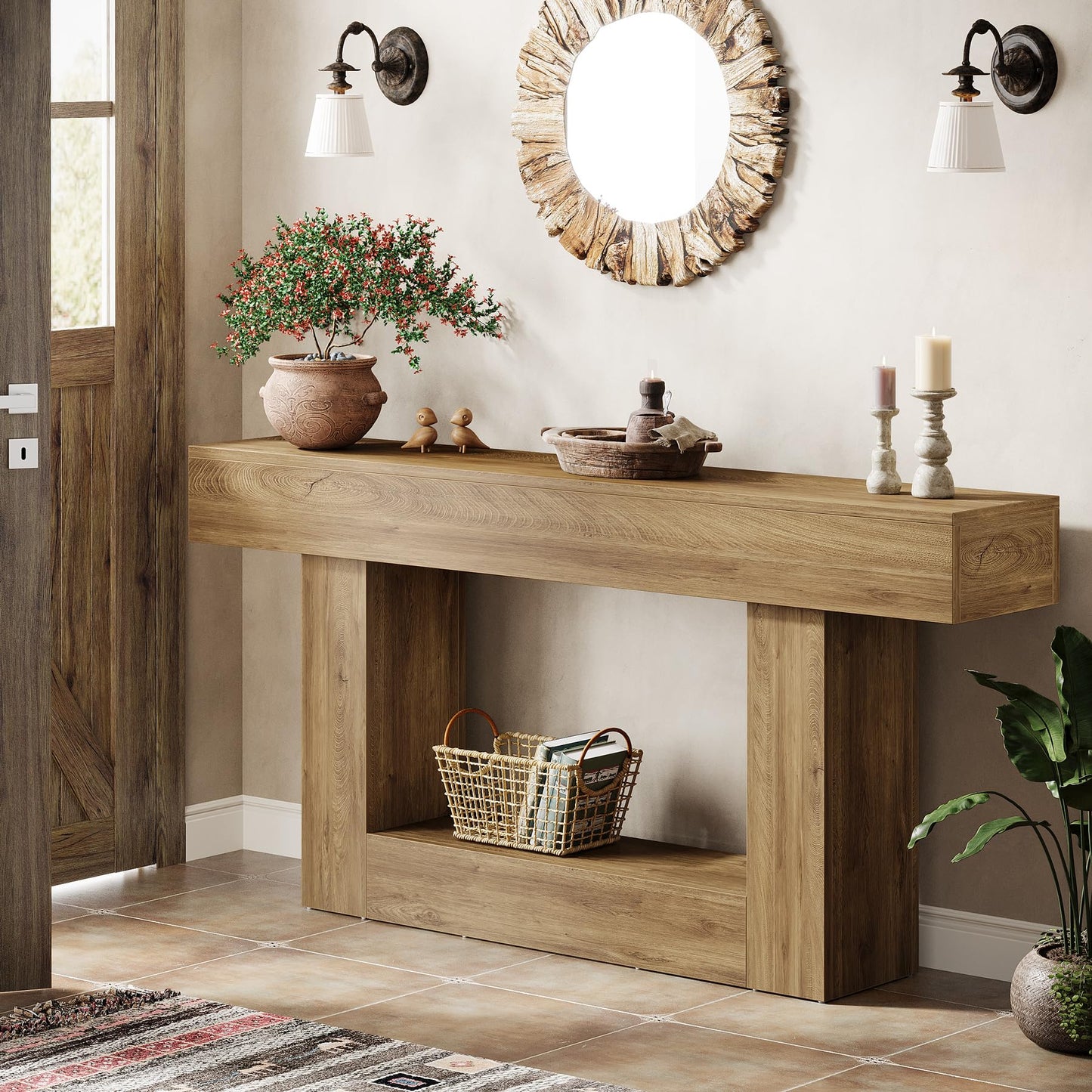 Tribesigns 63" Console Table, Farmhouse 2-Tier Entryway Table with U-Shaped Base, Narrow Long Wood Sofa Table Behind Couch Table for Living Room, Hallway, Foyer, Vintage Brown & Gray | Farmhouse