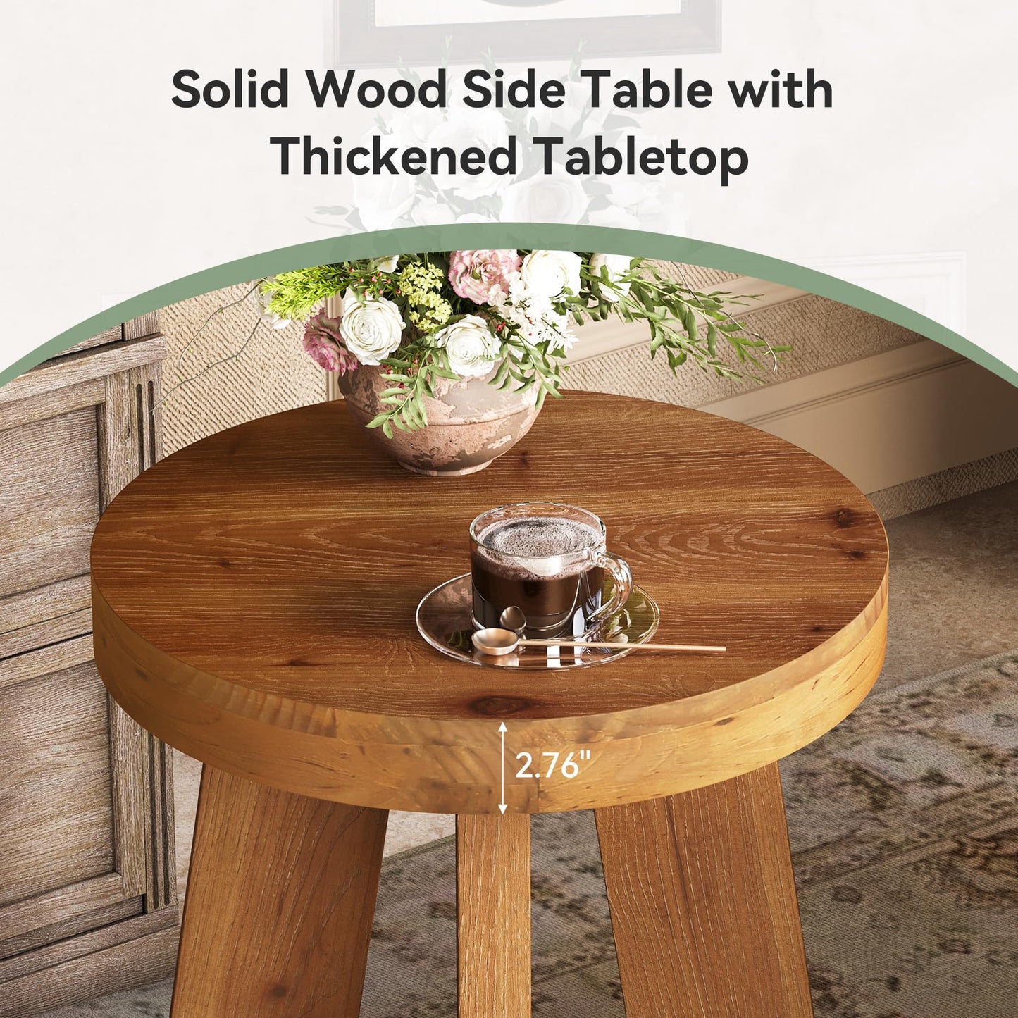 Set of 2 Round End Table, Farmhouse Solid Wood Side Table for Couch, Mid Century Modern Side Table with Heavy-Duty Leg, Wood Bedside Table for Bedroom, Small Spaces, Walnut