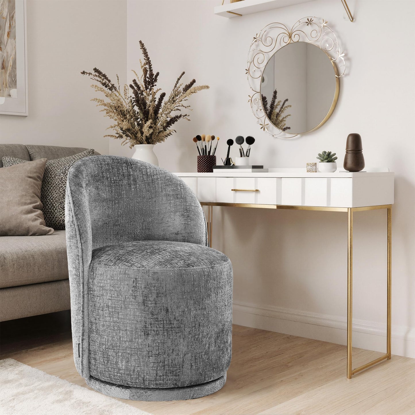 Swivel Barrel Dining Chairs Set of 2, Faux Leather Upholstered Round Dining Chairs, 360° Swivel Vanity Chair Comfy Armless Accent Makeup Chair for Dining/Living Room Makeup Room, Brown