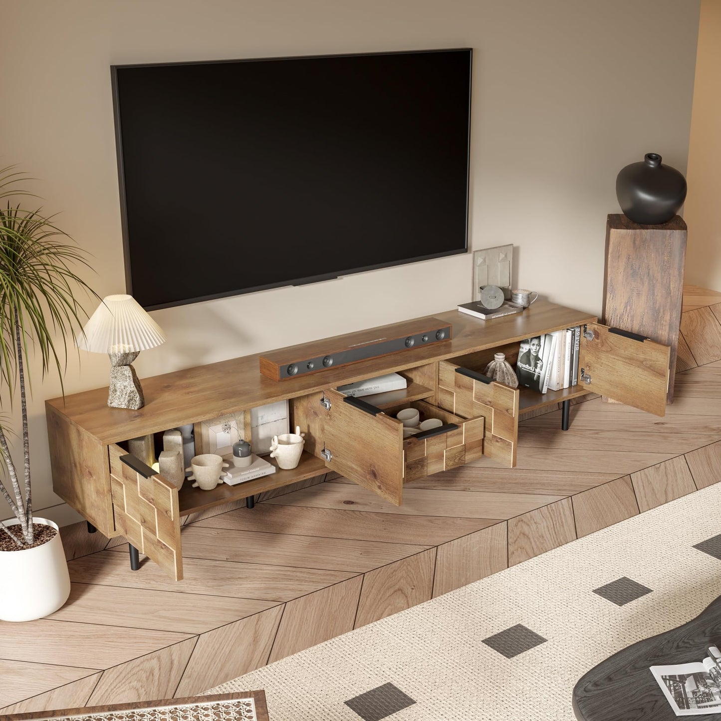 LKTART 67" Mid Century Modern TV Stand for 65/70/75/80" TVs,Entertainment Center with Sliding Doors and Drawers,Media Console for Living Room
