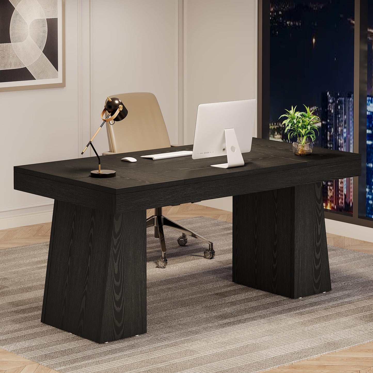 Tribesigns 55 Inches Executive Desk, Mid-Century Modern Home Office Desk, Wood MDF Computer Table Business Workstation Small Conference Table, Light Brown