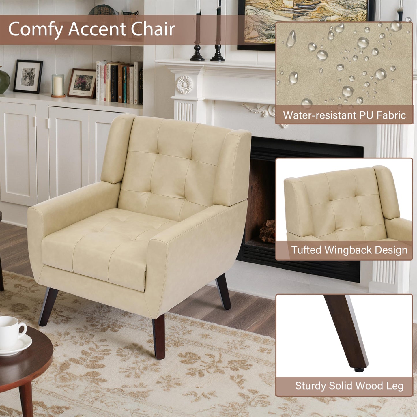 Faux Leather Accent Chairs Set of 2, Mid-Century Modern Upholstered Armchair, Comfy Living Room Chairs Reading Chairs with Button Tufted Back & Solid Wood Legs for Bedroom, Office, Black