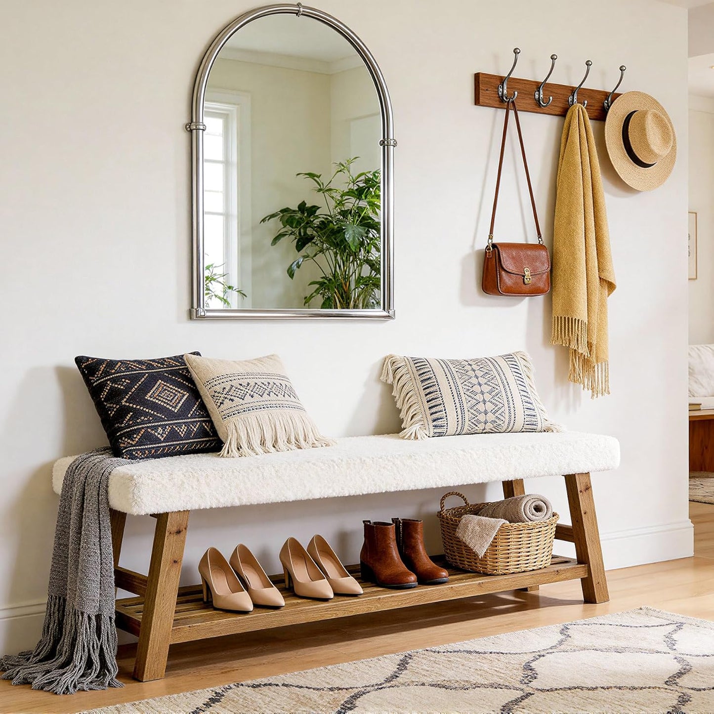 55-Inch Upholstered Entryway Bench, 2-Tier Solid Wood Shoe Bench with Cushion and Storage, Modern End of Bed Seating for Bedroom, Entryway, Hallway, Living Room, White & Brown