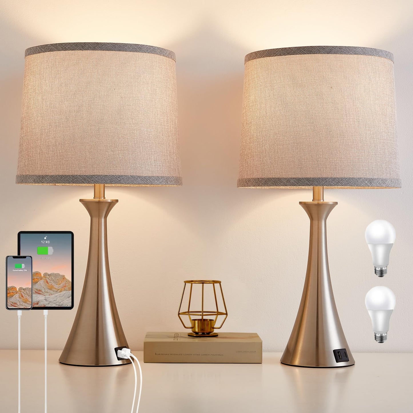 Touch Lamp for Living Room Bedroom, 21" Table Lamps Set of 2 with USB C+A Ports, Touch Bedside Lamps for Nightstand with 3 Way Dimmable, 2 LED Bulbs Included, Black