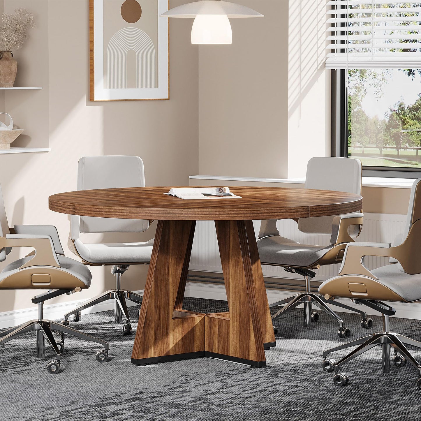 Tribesigns 47-Inch Round Conference Table for 4-6 People, Wooden Meeting Room Table with Thicken Tabletop and Wood Base (Grey)