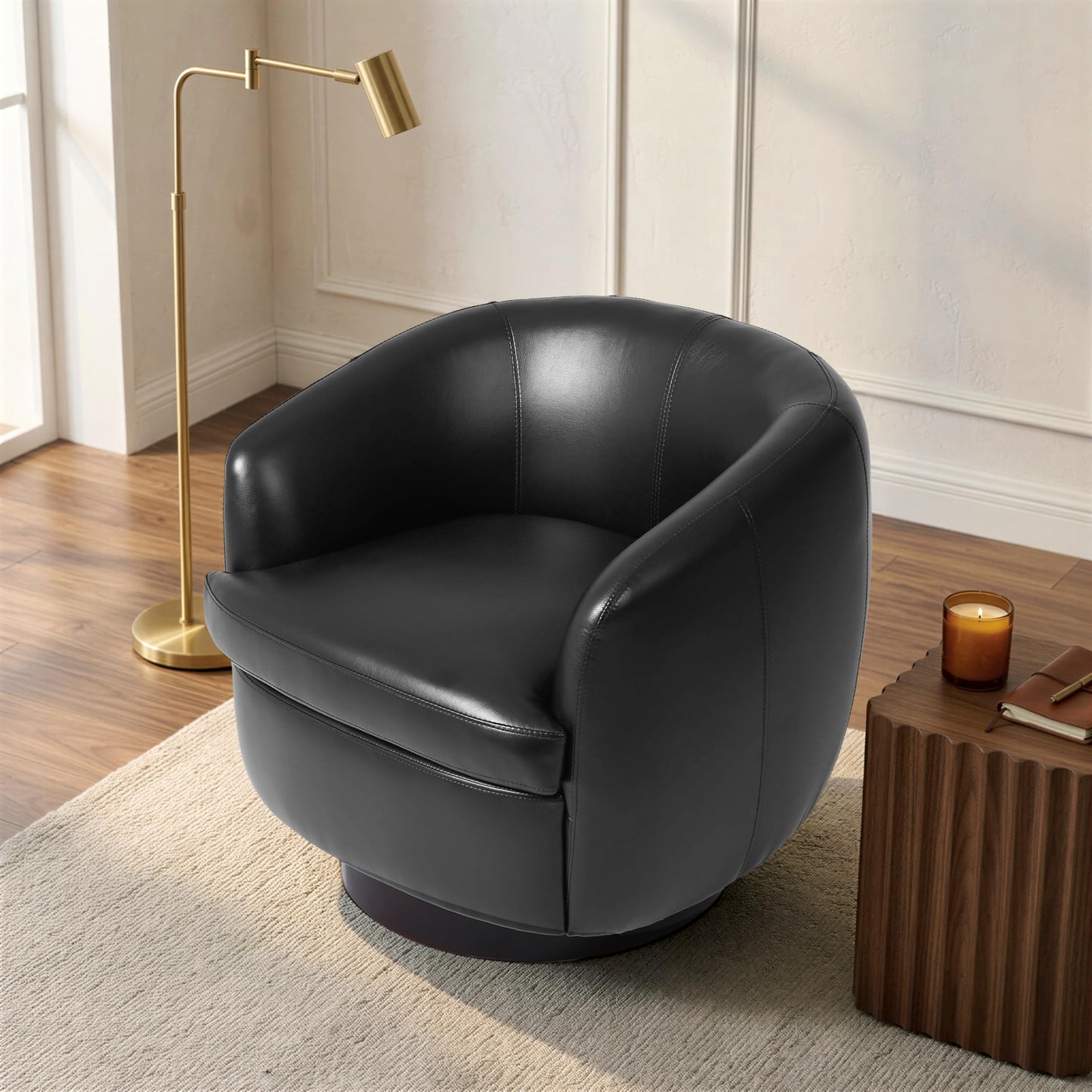 Faux Leather Swivel Barrel Chair, Modern Round Swivel Accent Chair with 360° Rotation, Upholstered Armchair Club Chair for Living Room Bedroom Office (Light Brown)