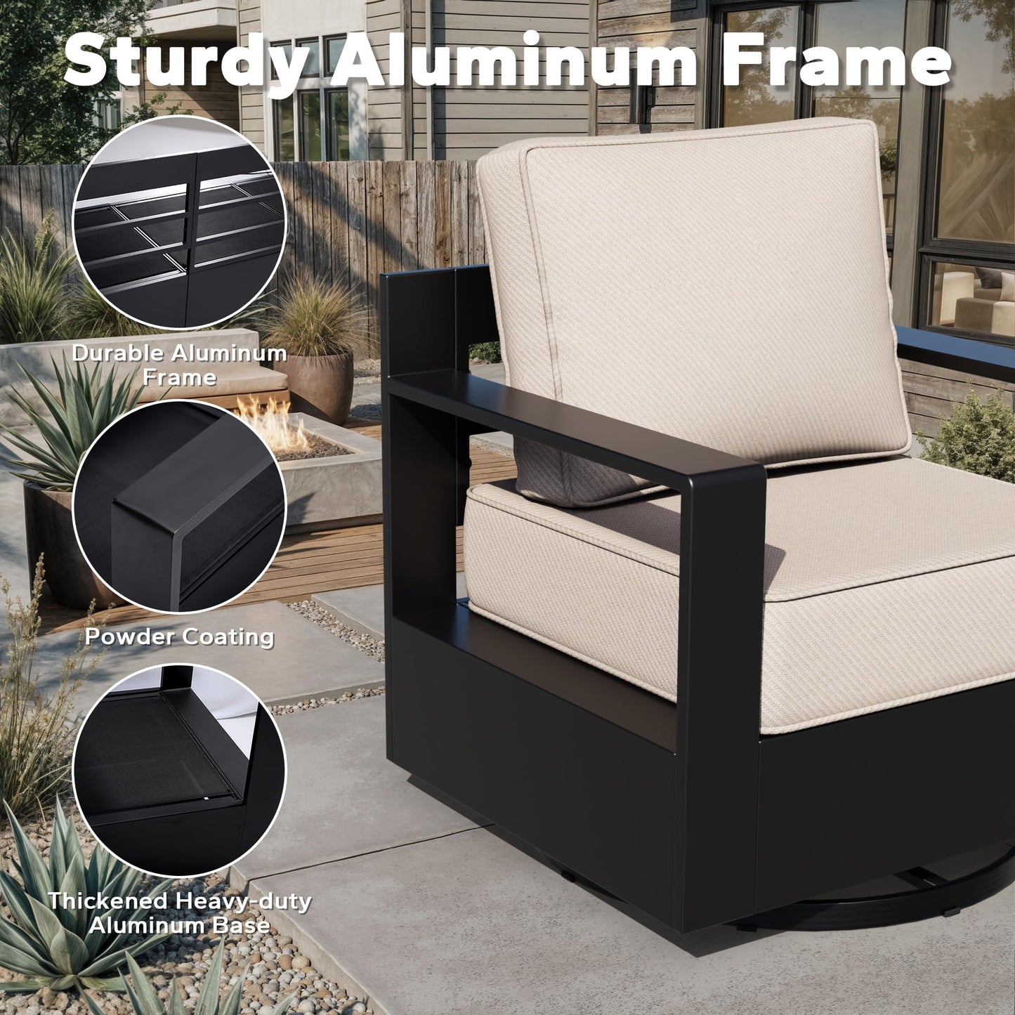 Aluminum Patio Swivel Chair - Outdoor Swivel Rocking Chair with 6" Thick Removable Cushions, All-Weather Metal Frame, Deep Setting for Garden, Poolside and Porch