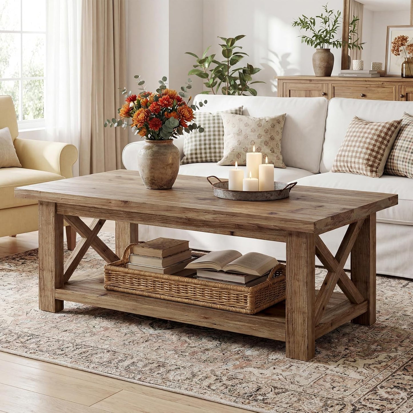 Solid Wood Coffee Table with X-Frame Side, 2-Tier Farmhouse Rectangular Center Table for Living Room, Accent Cocktail Tea Table with Storage, Brown