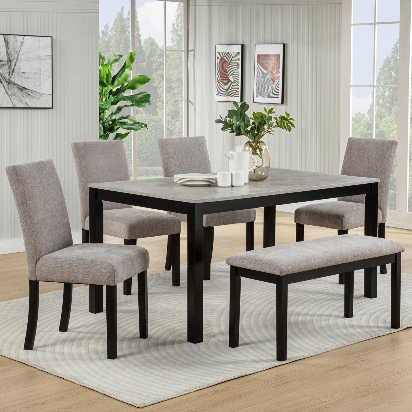 LKTART 6 Piece Kitchen Dining Set, 58.5" Rectangular Wooden Dinner Table with 4 Upholstered Chairs and a Bench for Living Room, Home Bar and Kitchen, Walnut