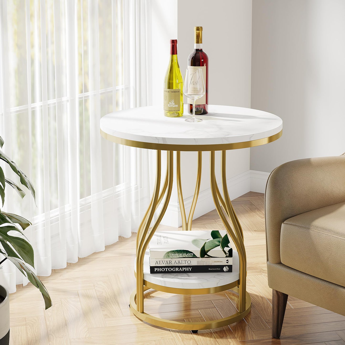 Tribesigns Round Side End Table 2-Tier End Tables Modern Bedside Table Small Chairside Tables with Storage for Couch Side, Nightstand with Metal Frame for Living Room (1, White+Gold)
