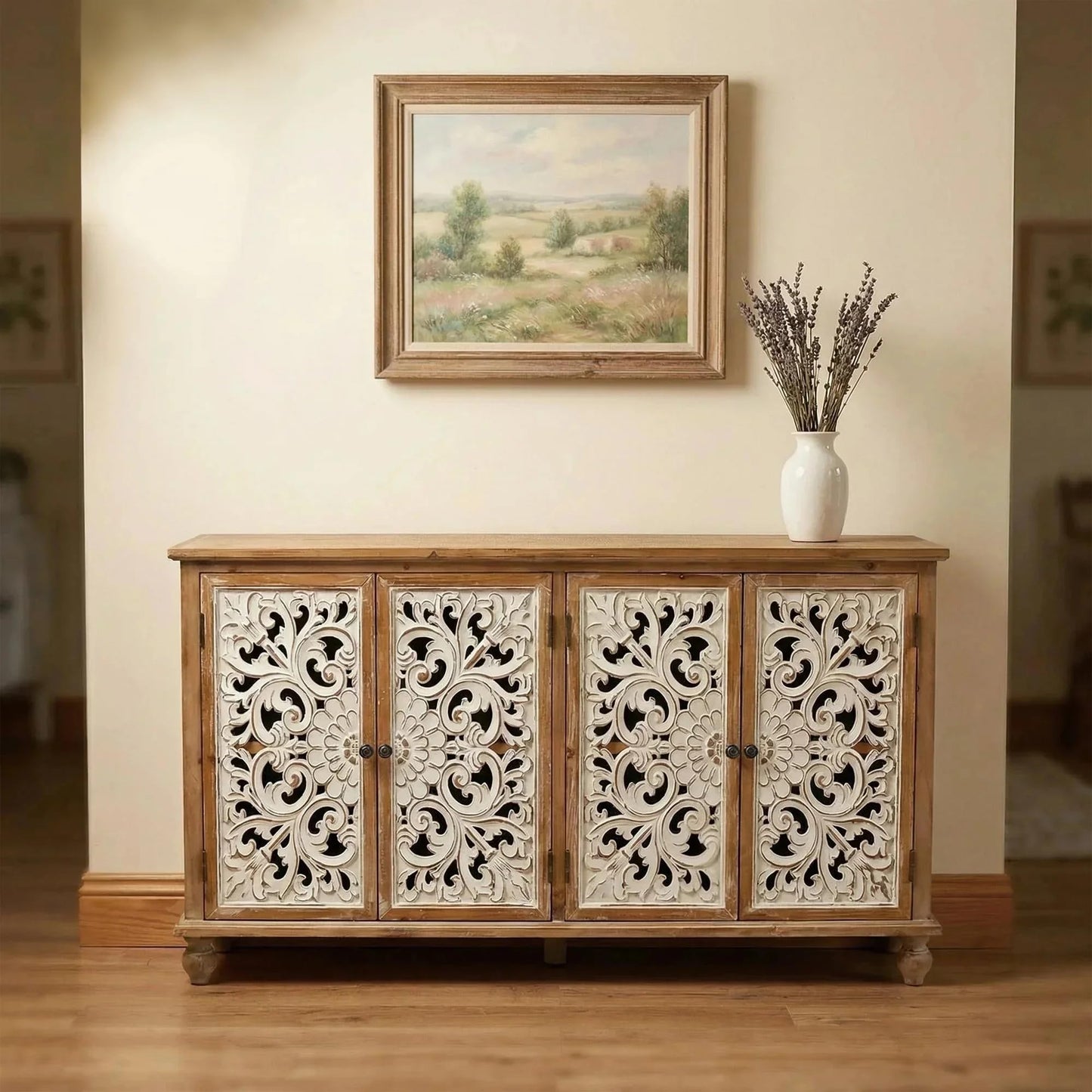 LKTART 60" Farmhouse Sideboard Buffet,Solid Fir Wood Frame with Hollowed-Out Carved Doors,Hand-Distressed Design,Versatile Storage Cabinet for Kitchen, Living Room,Natural Wood