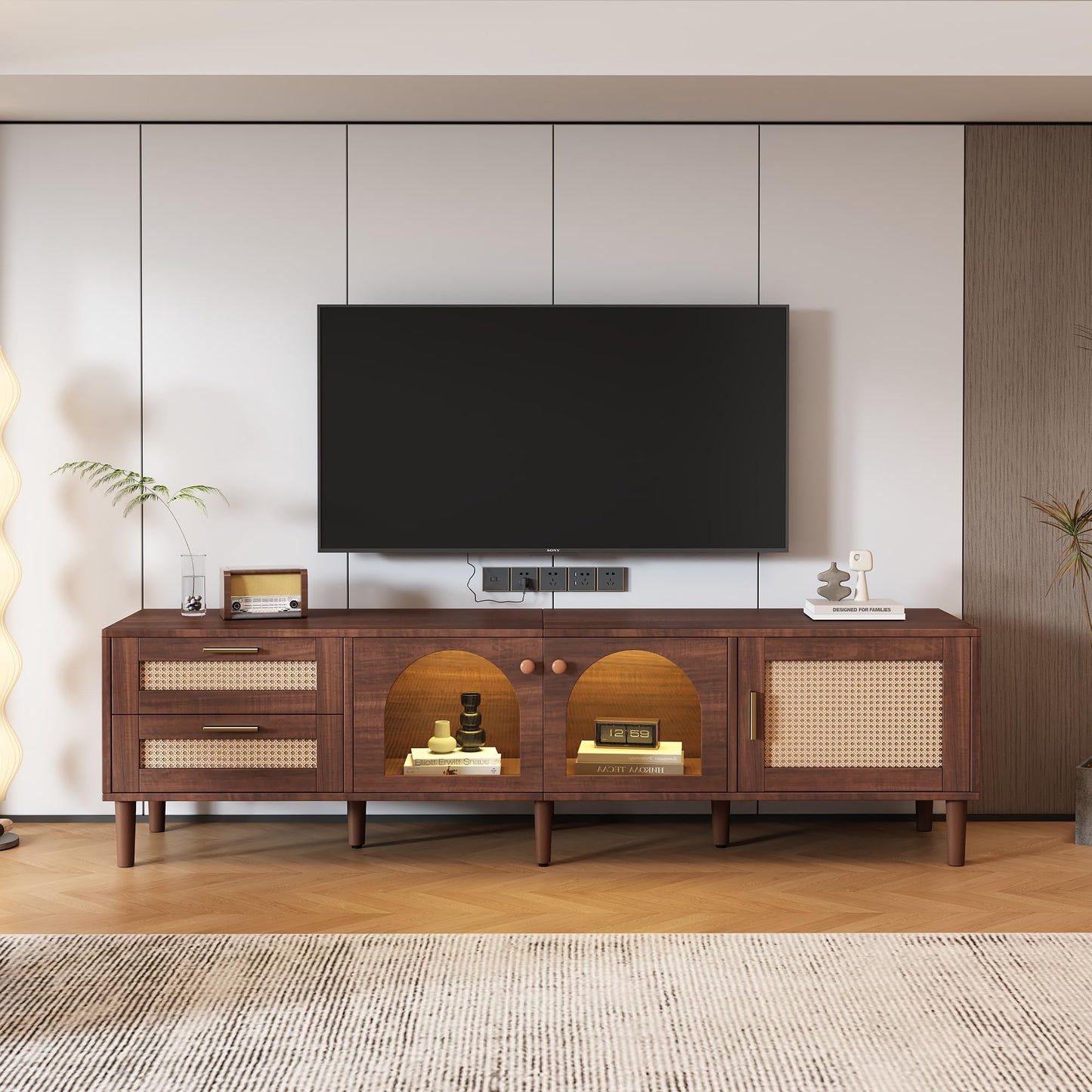 LKTART 67" Mid Century Modern TV Stand for 65/70/75/80" TVs,Entertainment Center with Sliding Doors and Drawers,Media Console for Living Room
