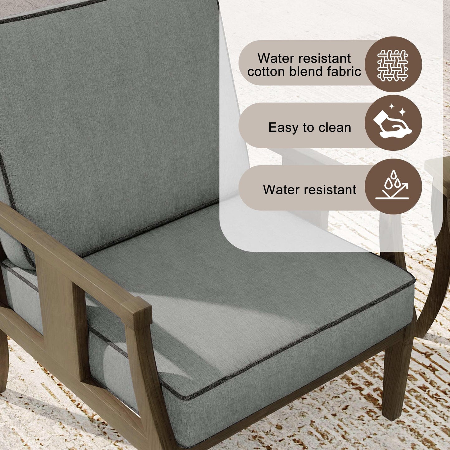 Outdoor Patio Armchairs Set of 2, All-Weather Solid Wood Patio Furniture Sets, Outdoor Sofa Chairs with Washable Thick Cushions for Porch, Balcony, Deck, Black Frame & Gray Cushion